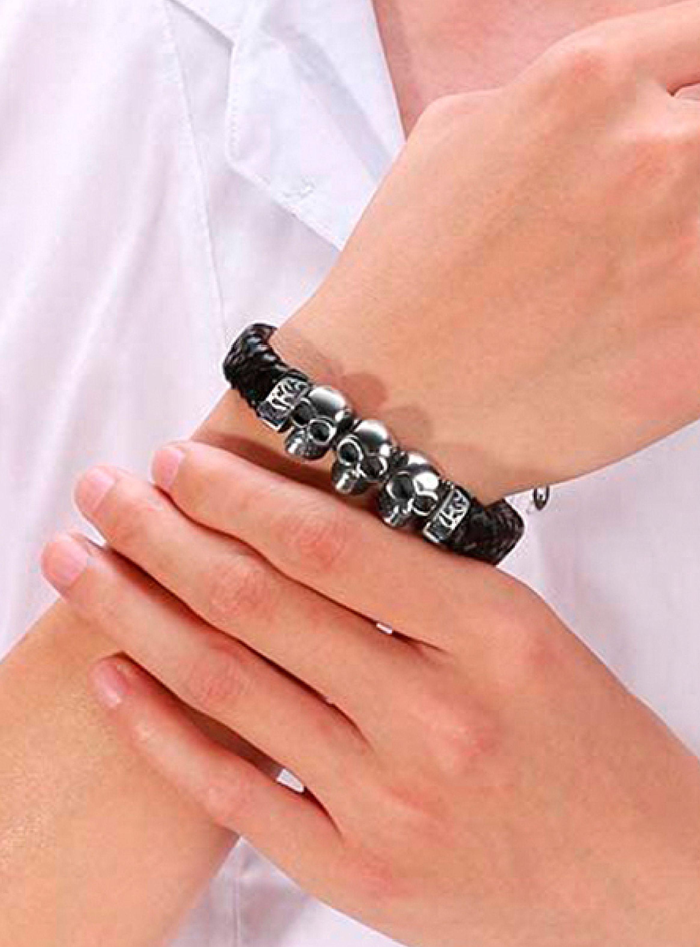 Pulsera Hombre Brazalete de Cuero Negro con Calaveras-2