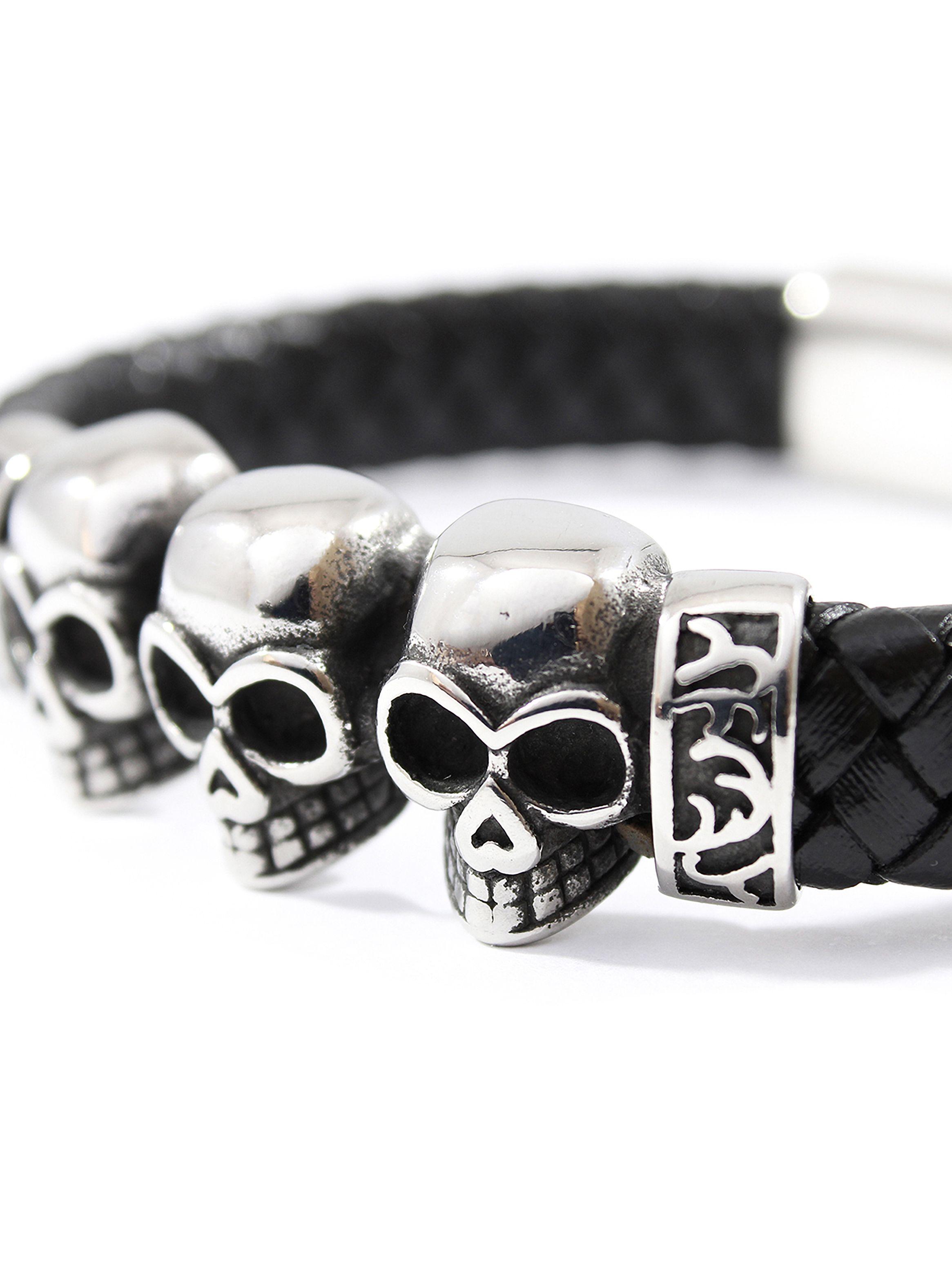 Pulsera Hombre Brazalete de Cuero Negro con Calaveras-3