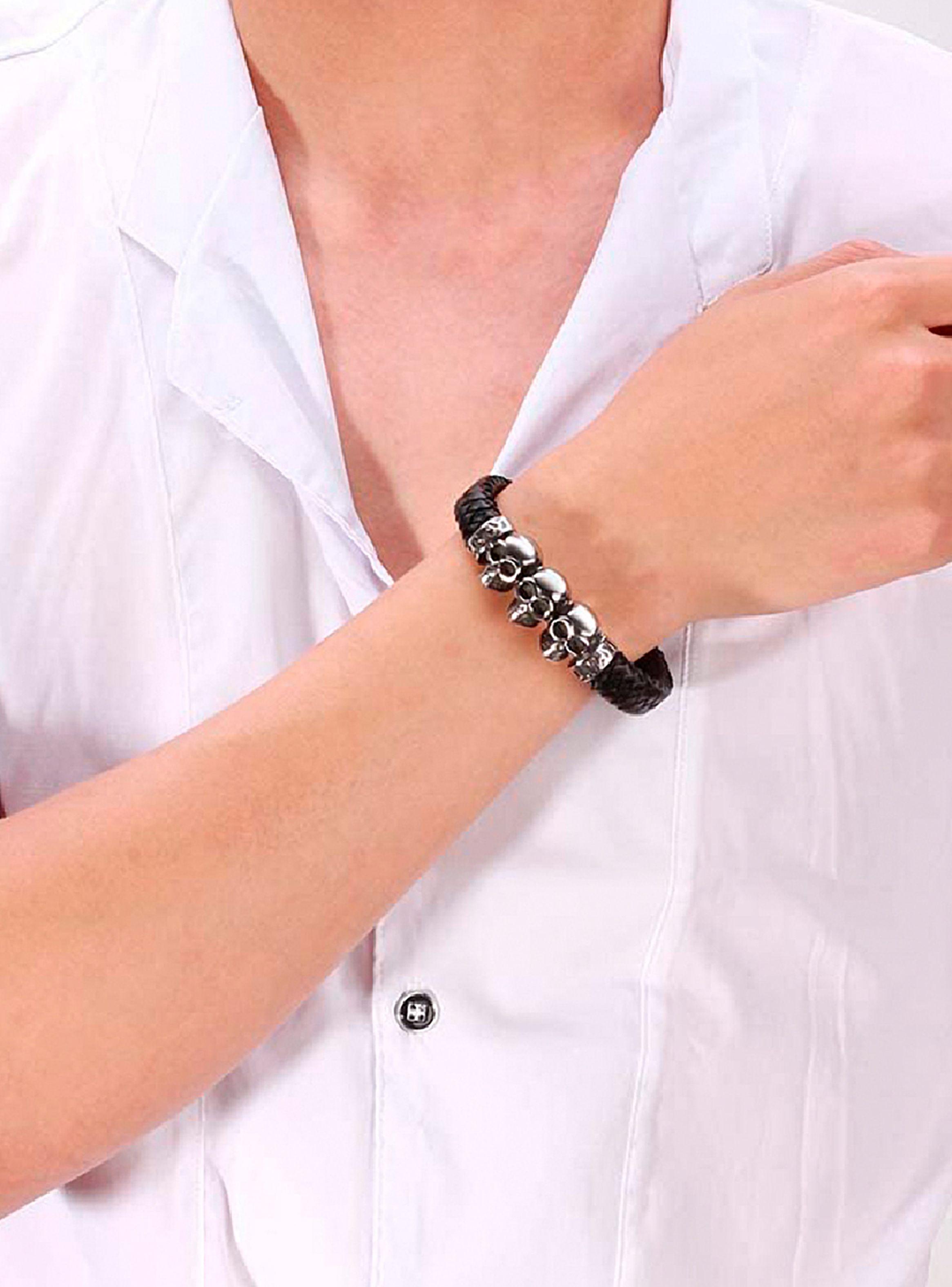 Pulsera Hombre Brazalete de Cuero Negro con Calaveras-4