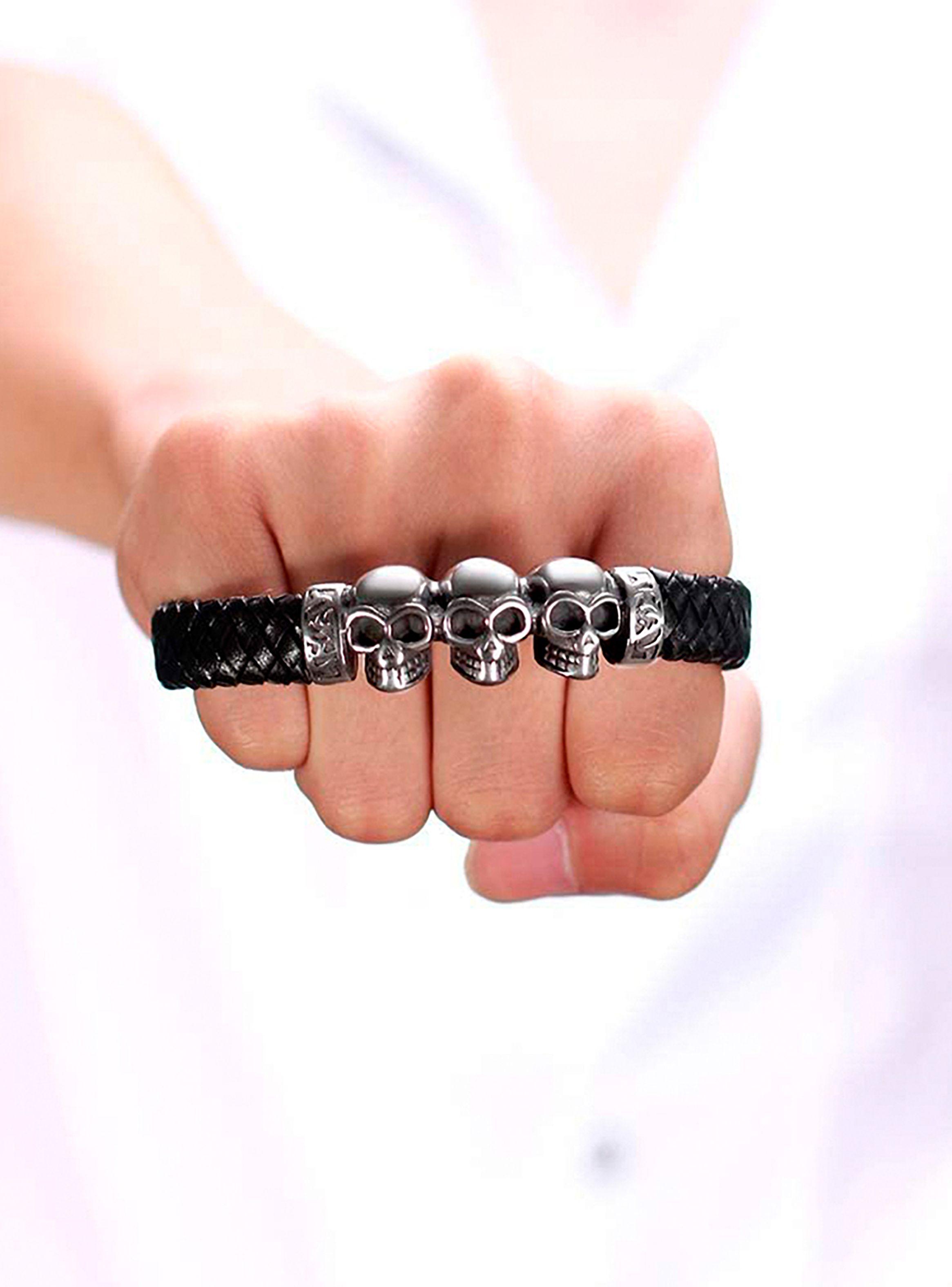 Pulsera Hombre Brazalete de Cuero Negro con Calaveras-5