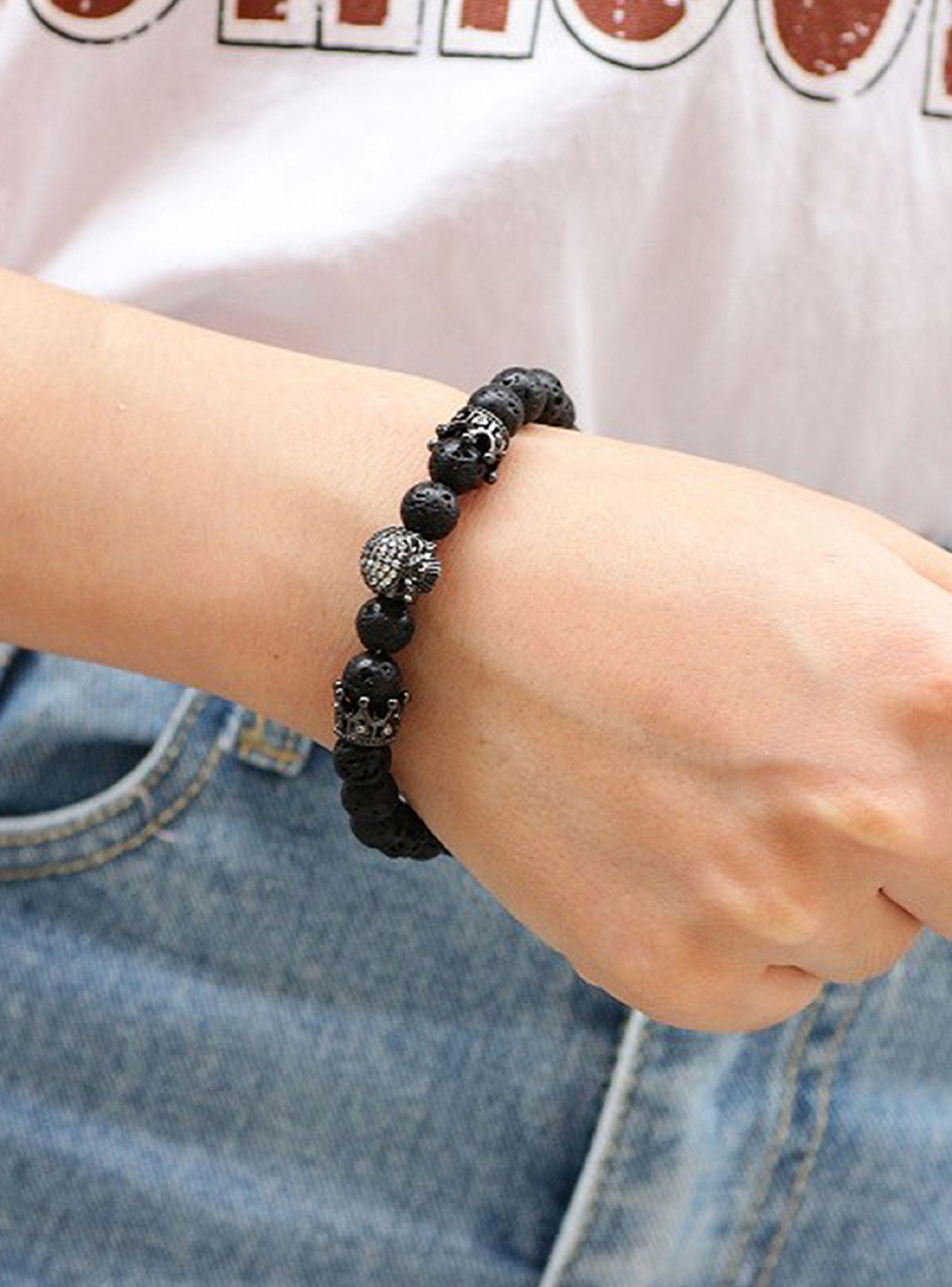 Pulsera Elástica Piedra Volcánica Calavera Coronas-3