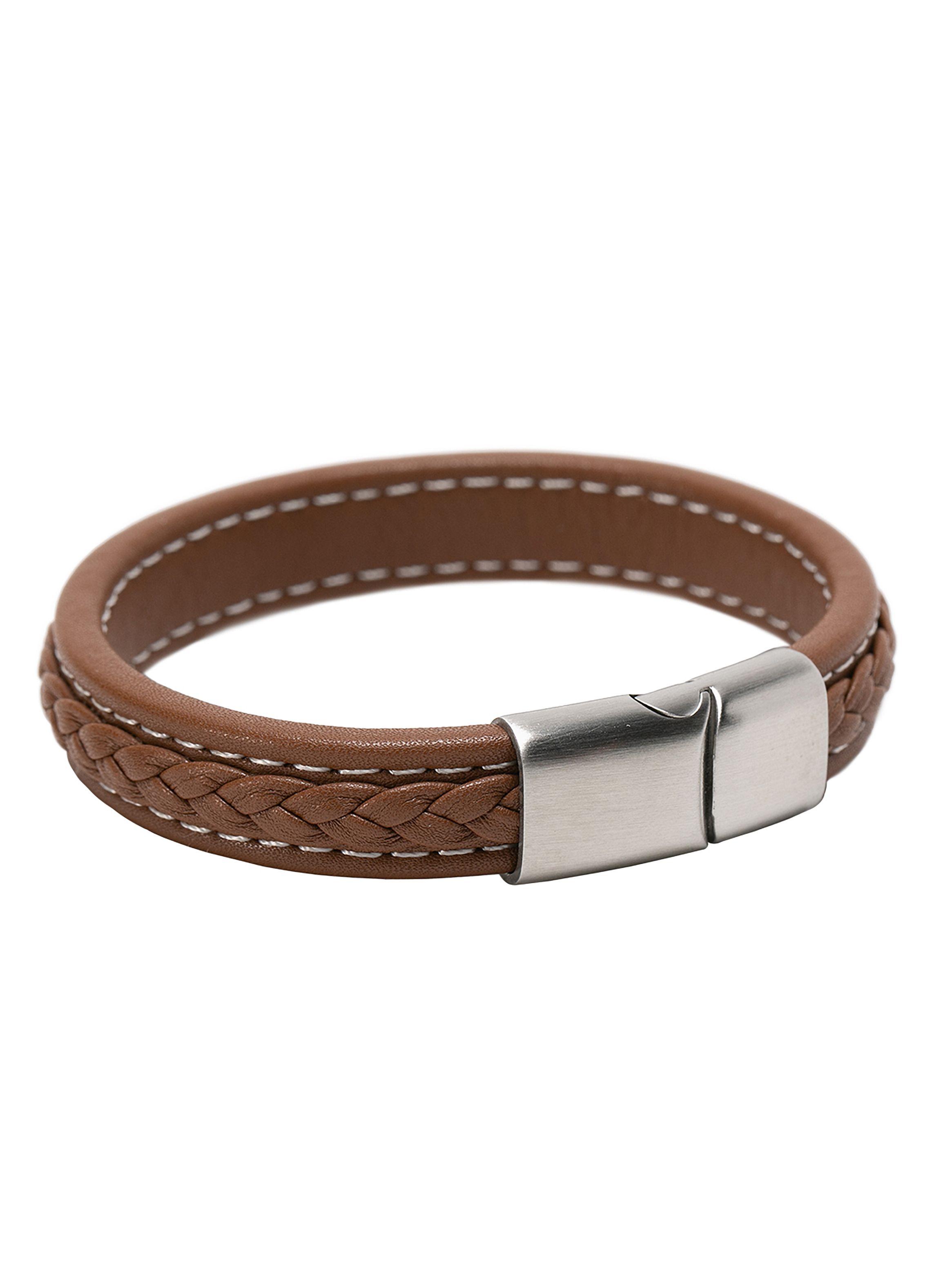 Pulsera de Cuero Beige Hombre Con Trenza y Broche Imantado-0