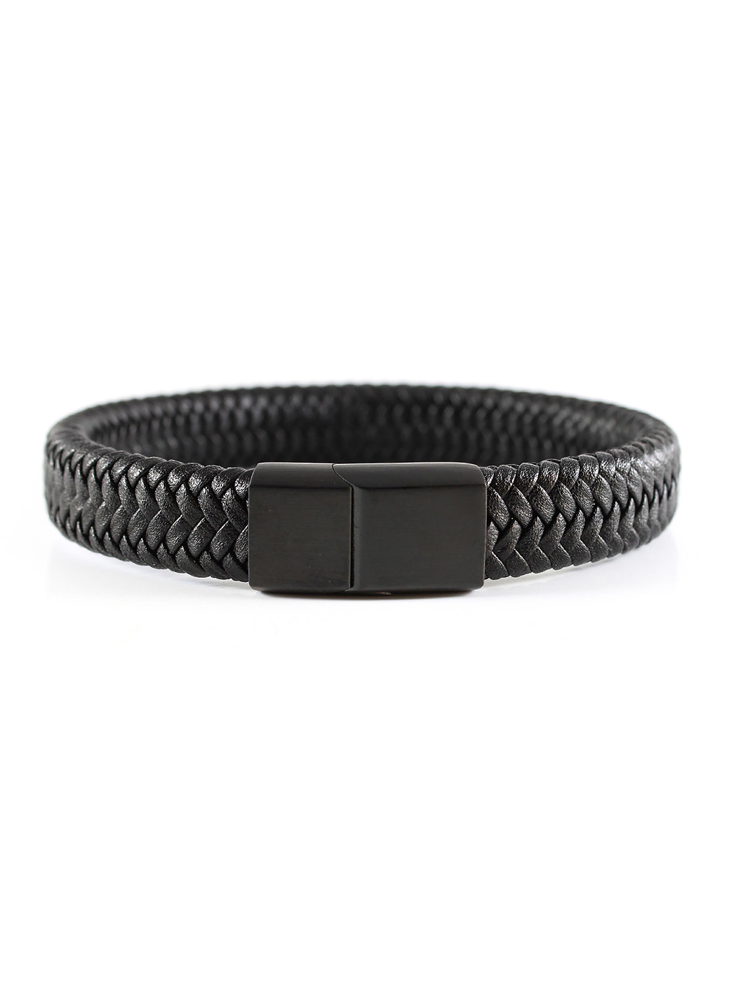 Pulsera de Hombre Cuero Negro Tejido Espiga Broche Mate-0