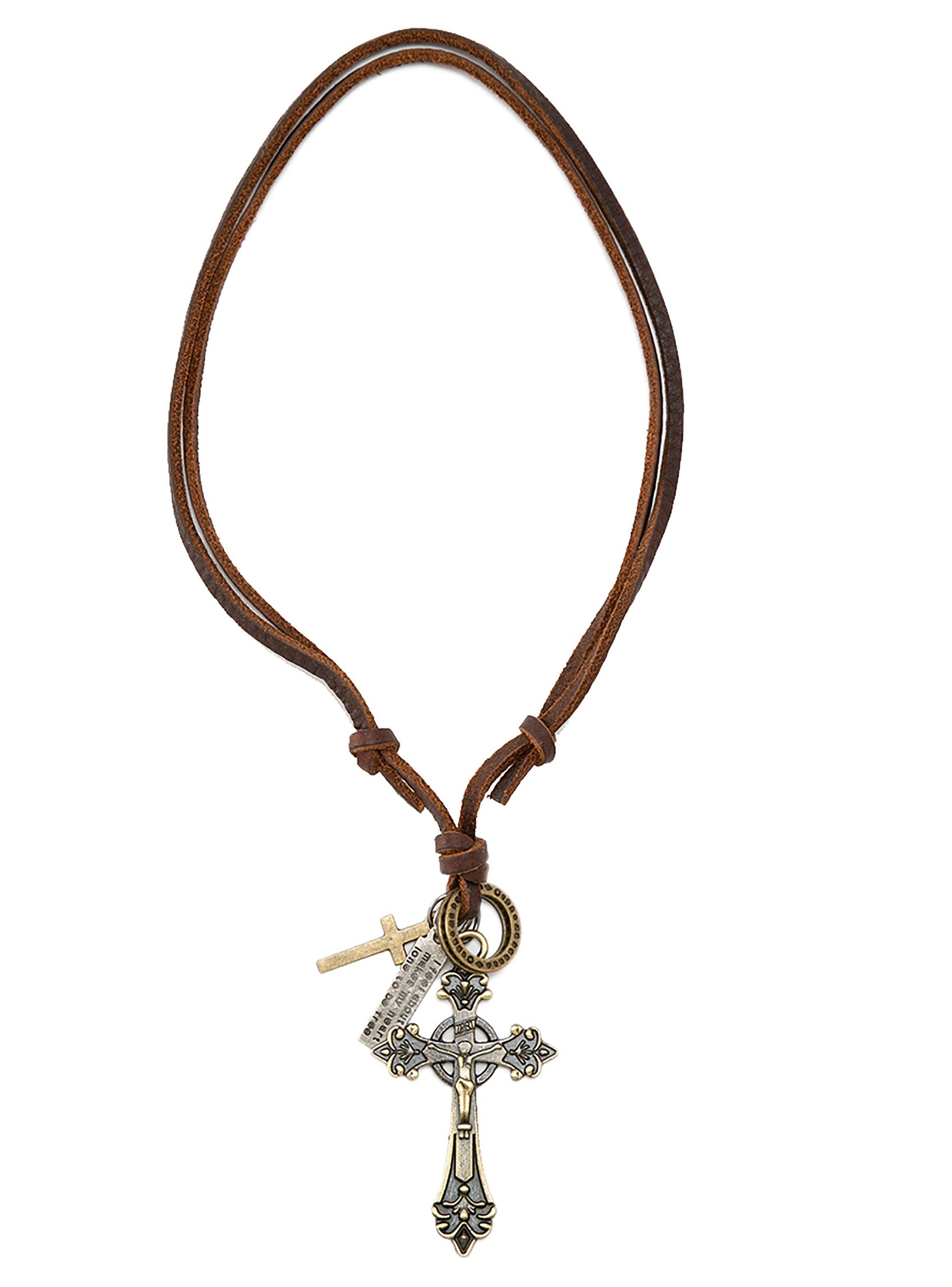 Collar Colgante Cuero Crucifijo Detalle Flor de Lis-0