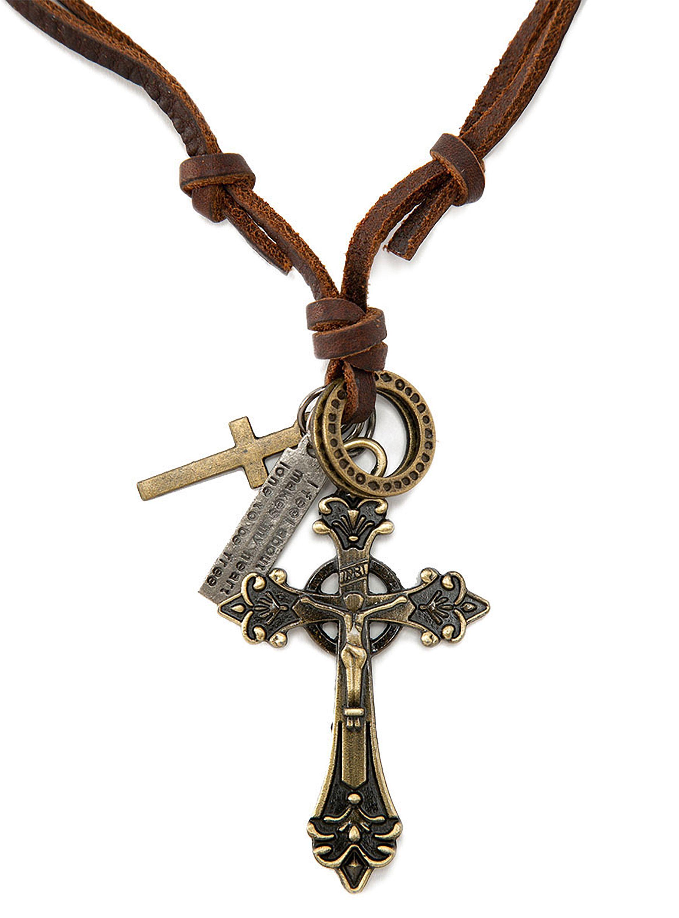 Collar Colgante Cuero Crucifijo Detalle Flor de Lis-1