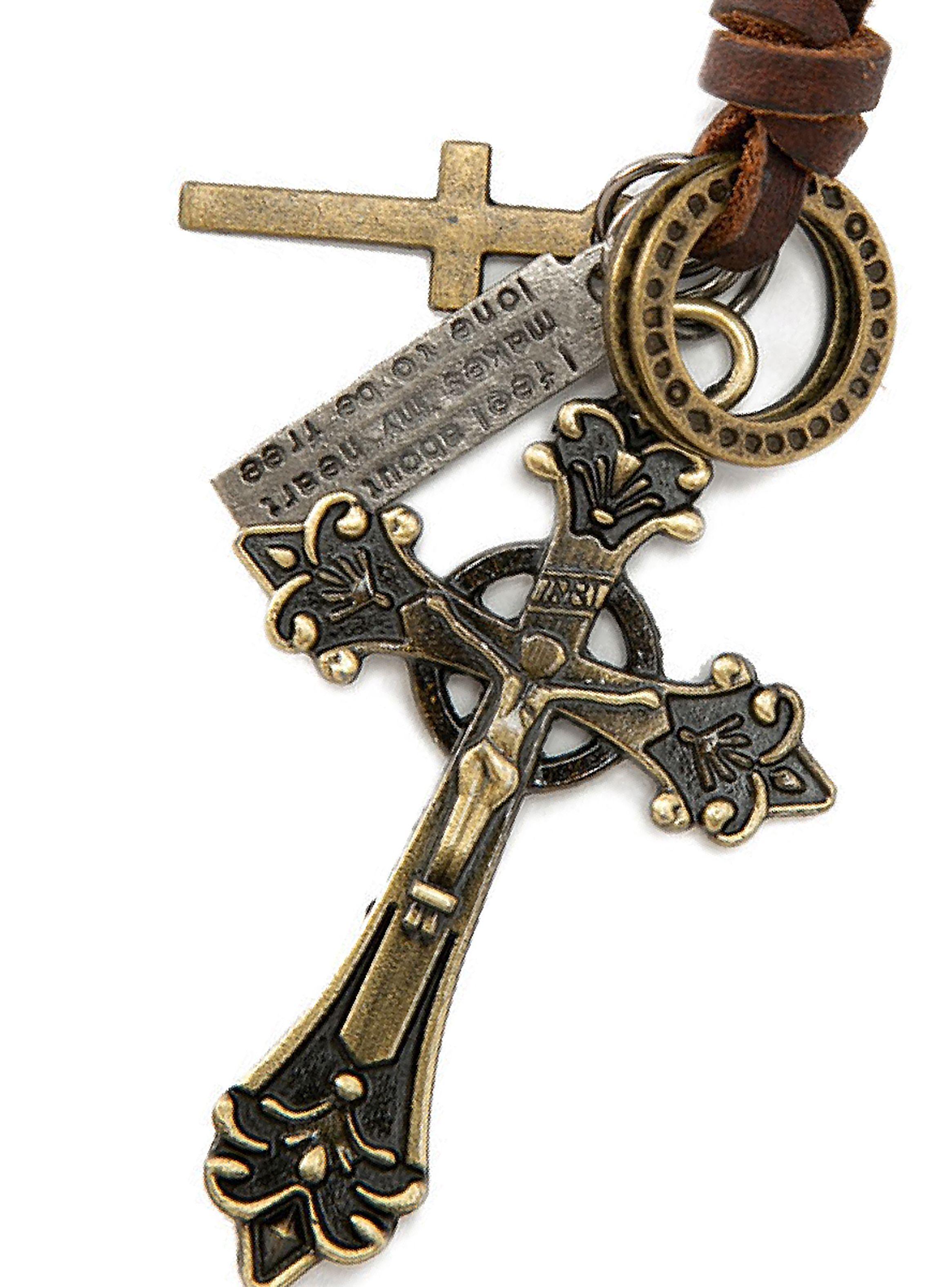 Collar Colgante Cuero Crucifijo Detalle Flor de Lis-2