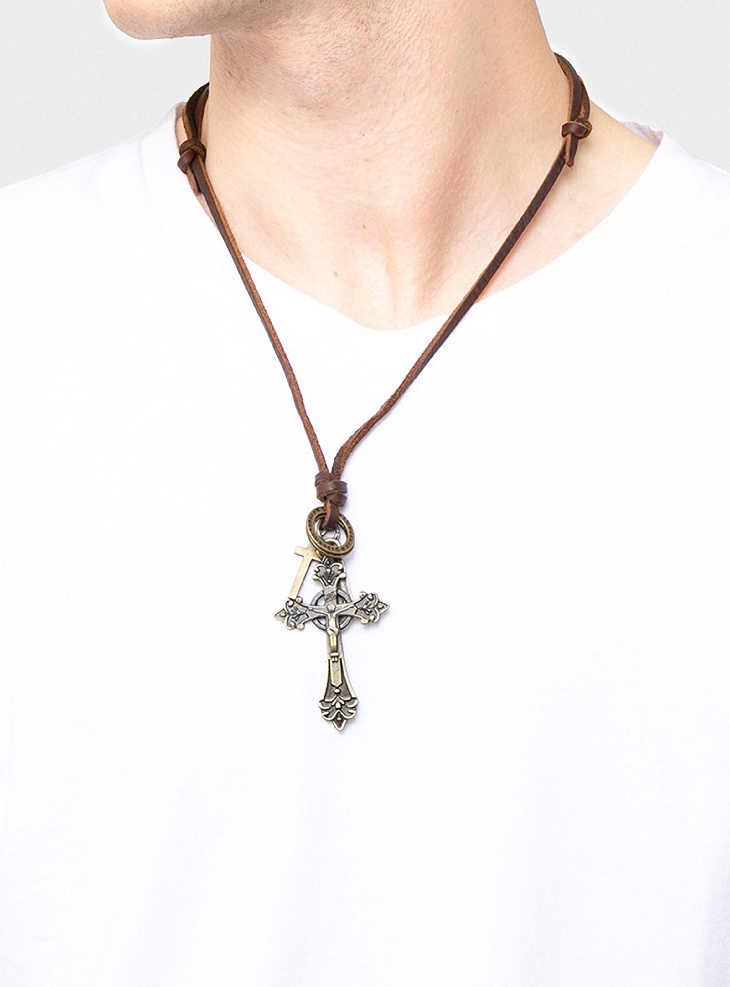 Collar Colgante Cuero Crucifijo Detalle Flor de Lis-3