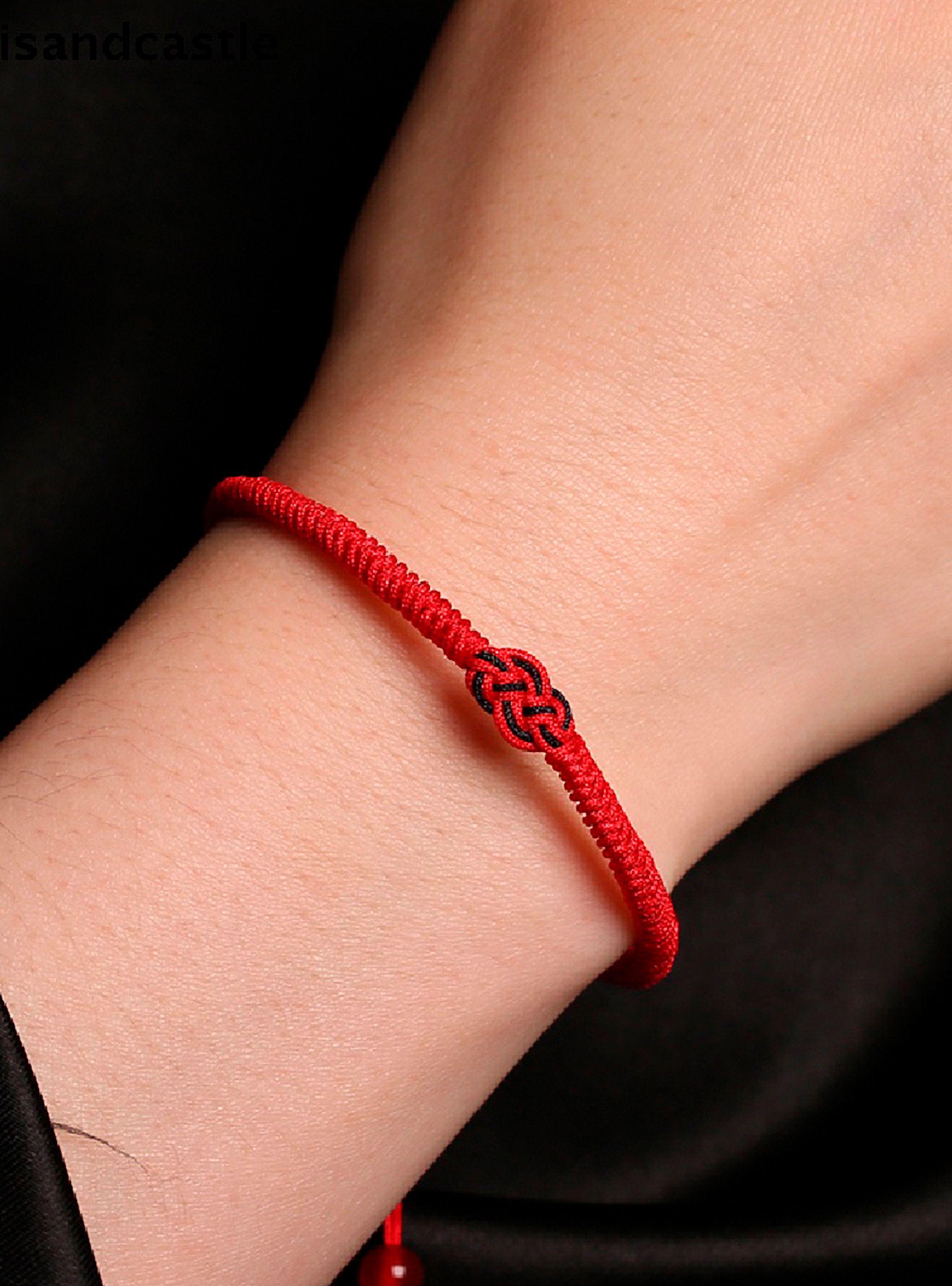 Pulsera Budista Tibetana Roja Nudo Infinito Negro Ajustable-3