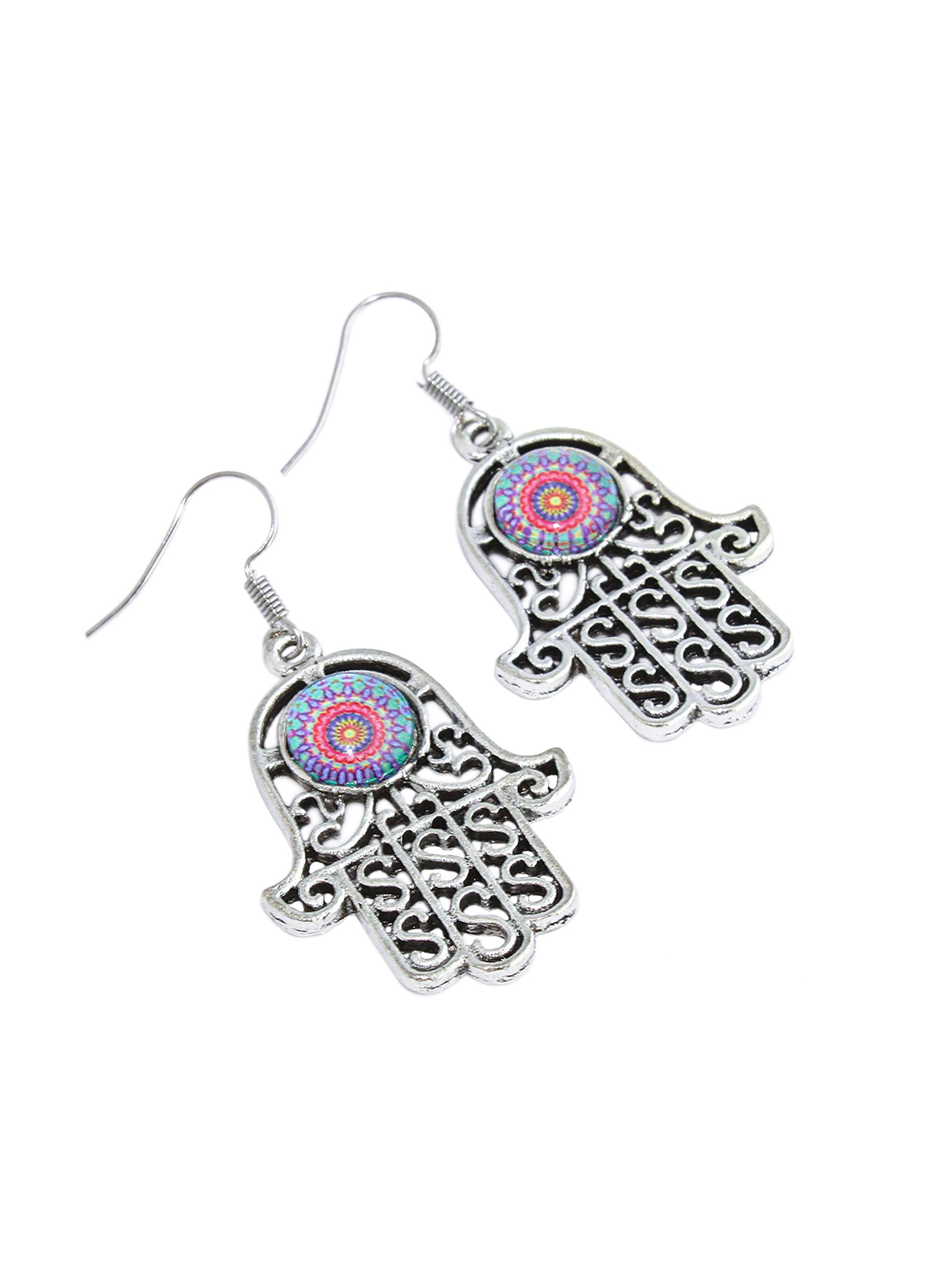 Aretes Mujer Mandala Rosado Mano Protectora Fatima-0