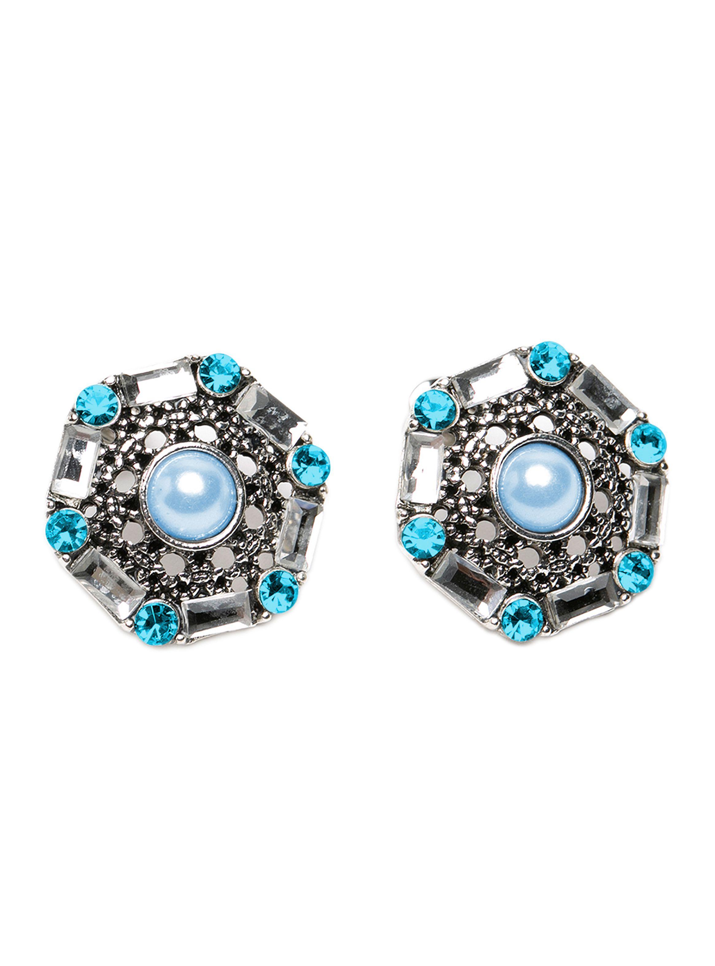 Aros Aretes Acero Perla Brillantes Azules-0