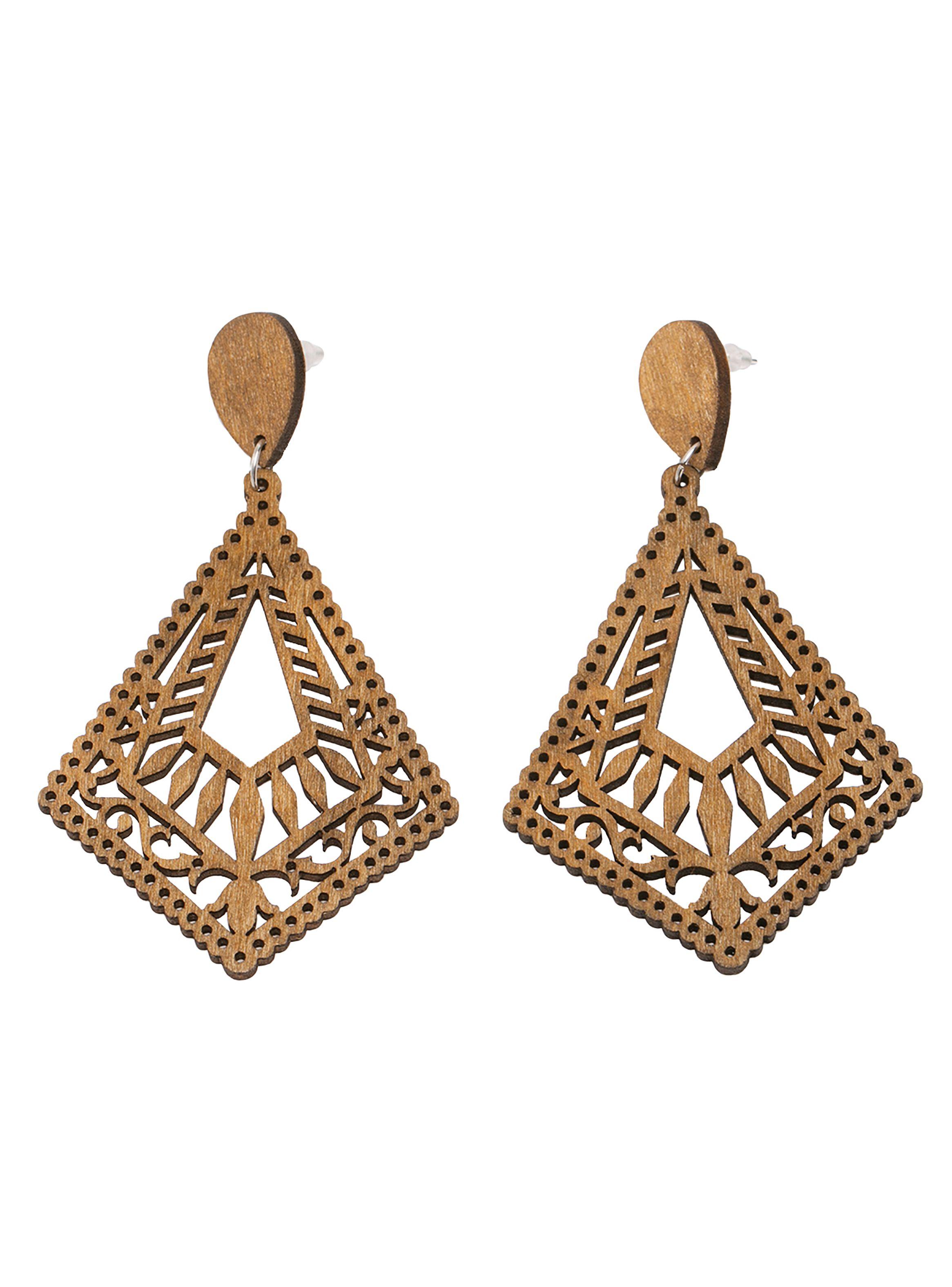 Aretes Aros Artesanal Diamante Madera Café-0