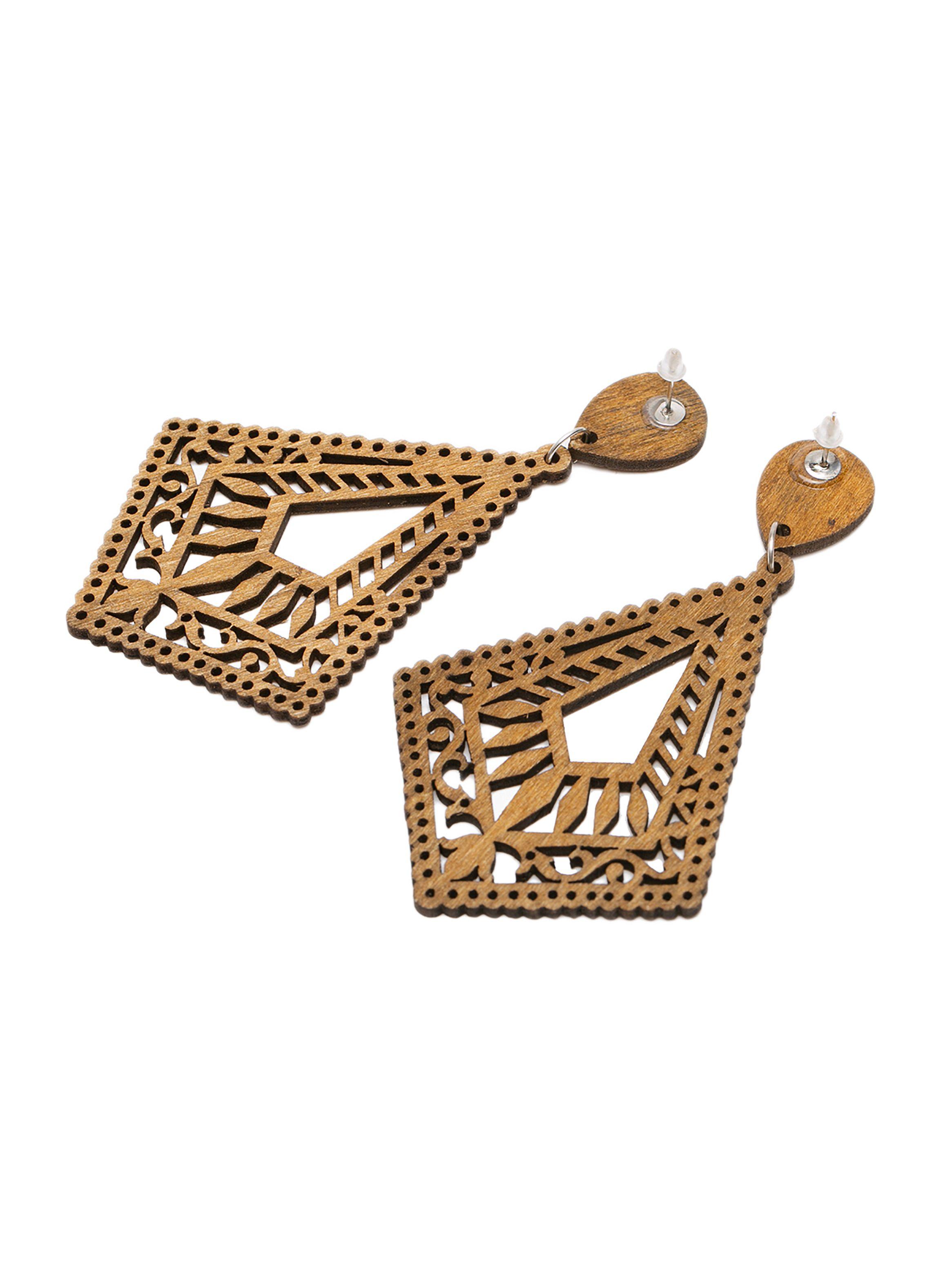 Aretes Aros Artesanal Diamante Madera Café-1