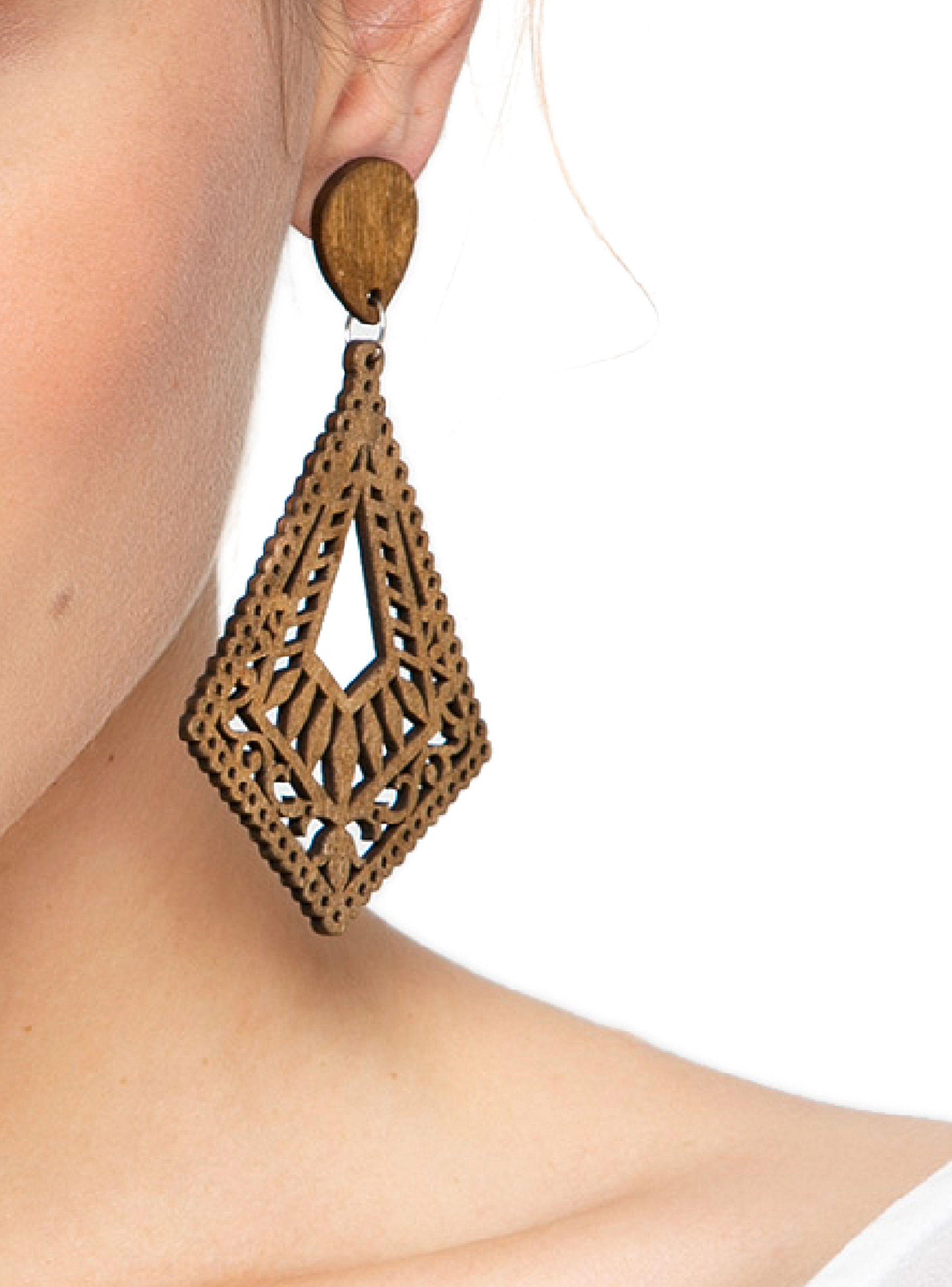Aretes Aros Artesanal Diamante Madera Café-2