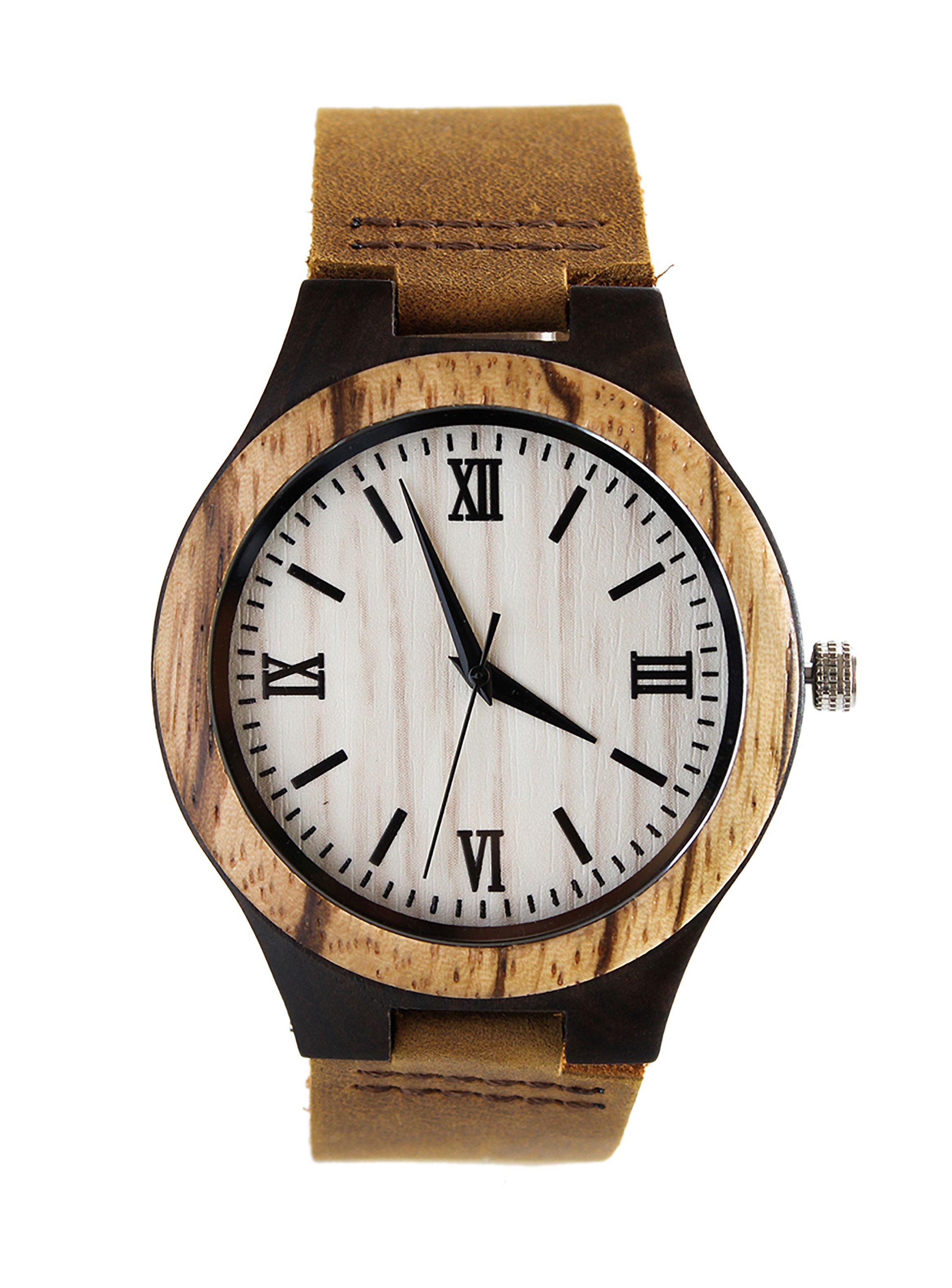 Reloj Madera Correa Cuero Marrón Número Romanos-0