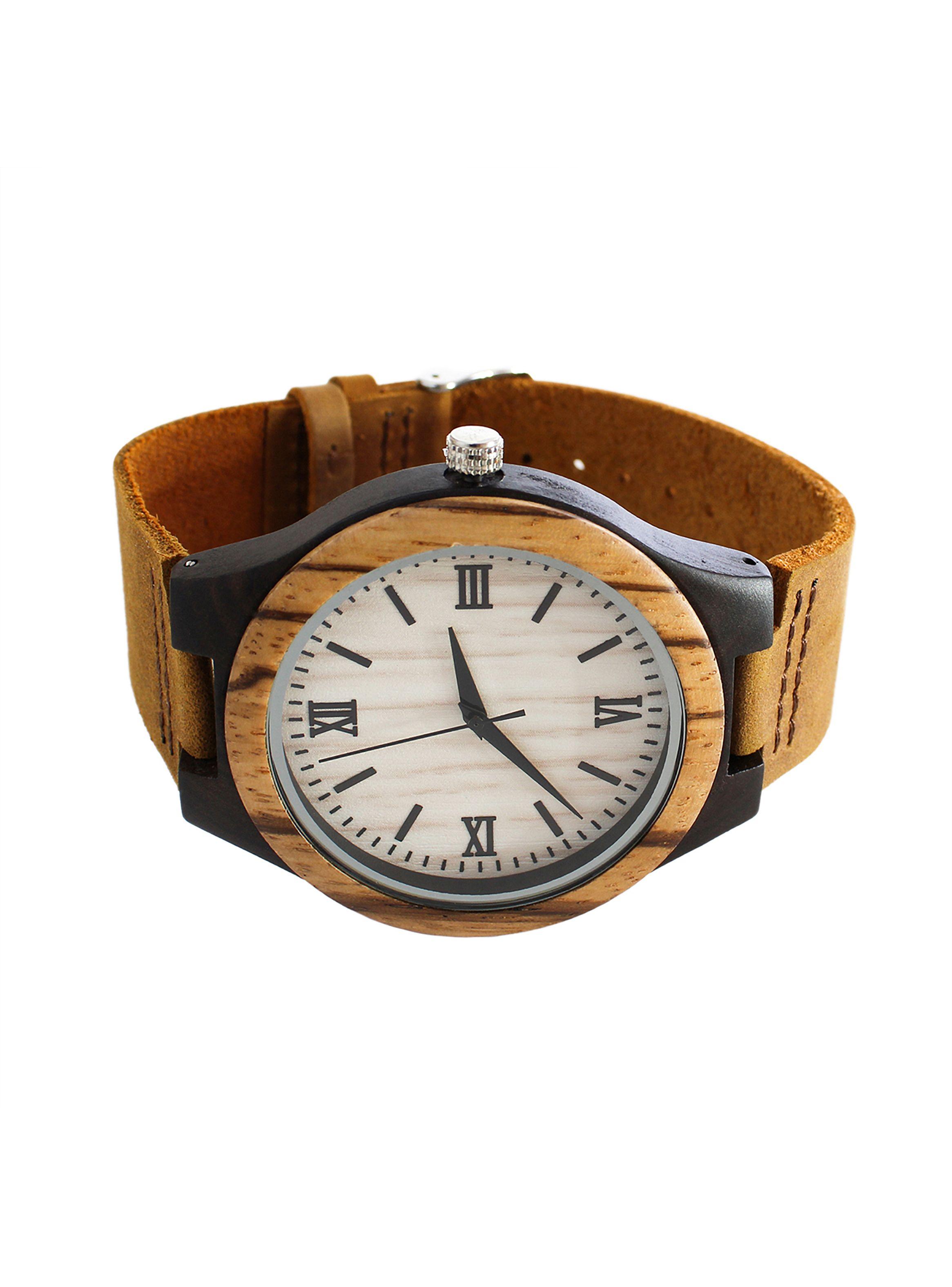 Reloj Madera Correa Cuero Marrón Número Romanos-2