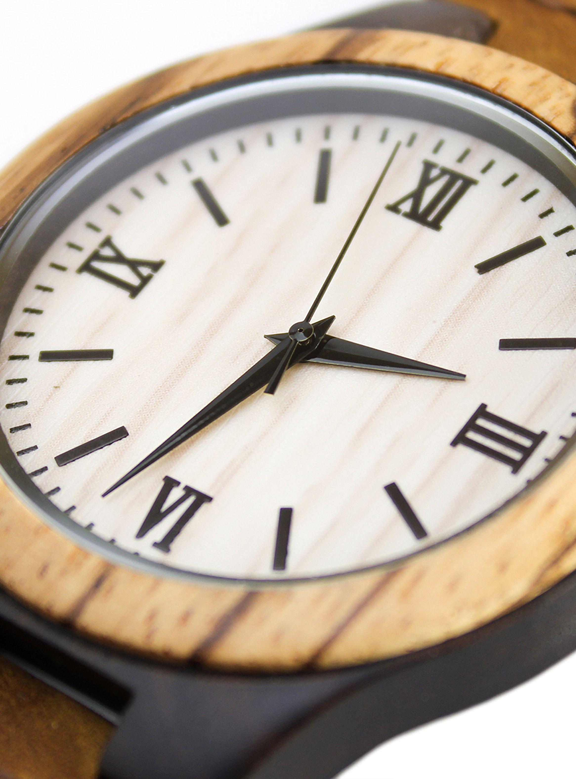 Reloj Madera Correa Cuero Marrón Número Romanos-3