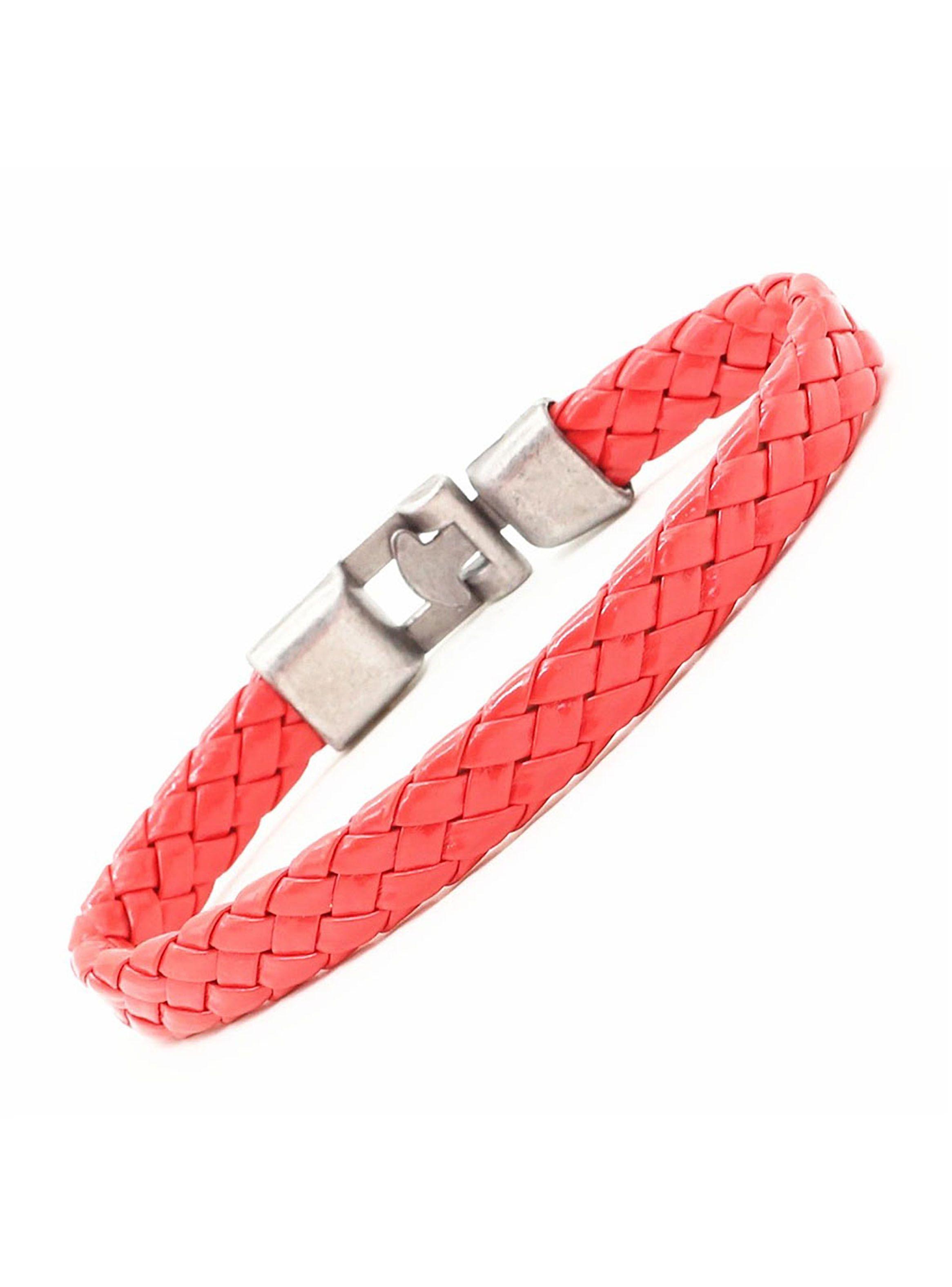 Pulsera Cuero Trenzado Naranja Broche Metálico-0