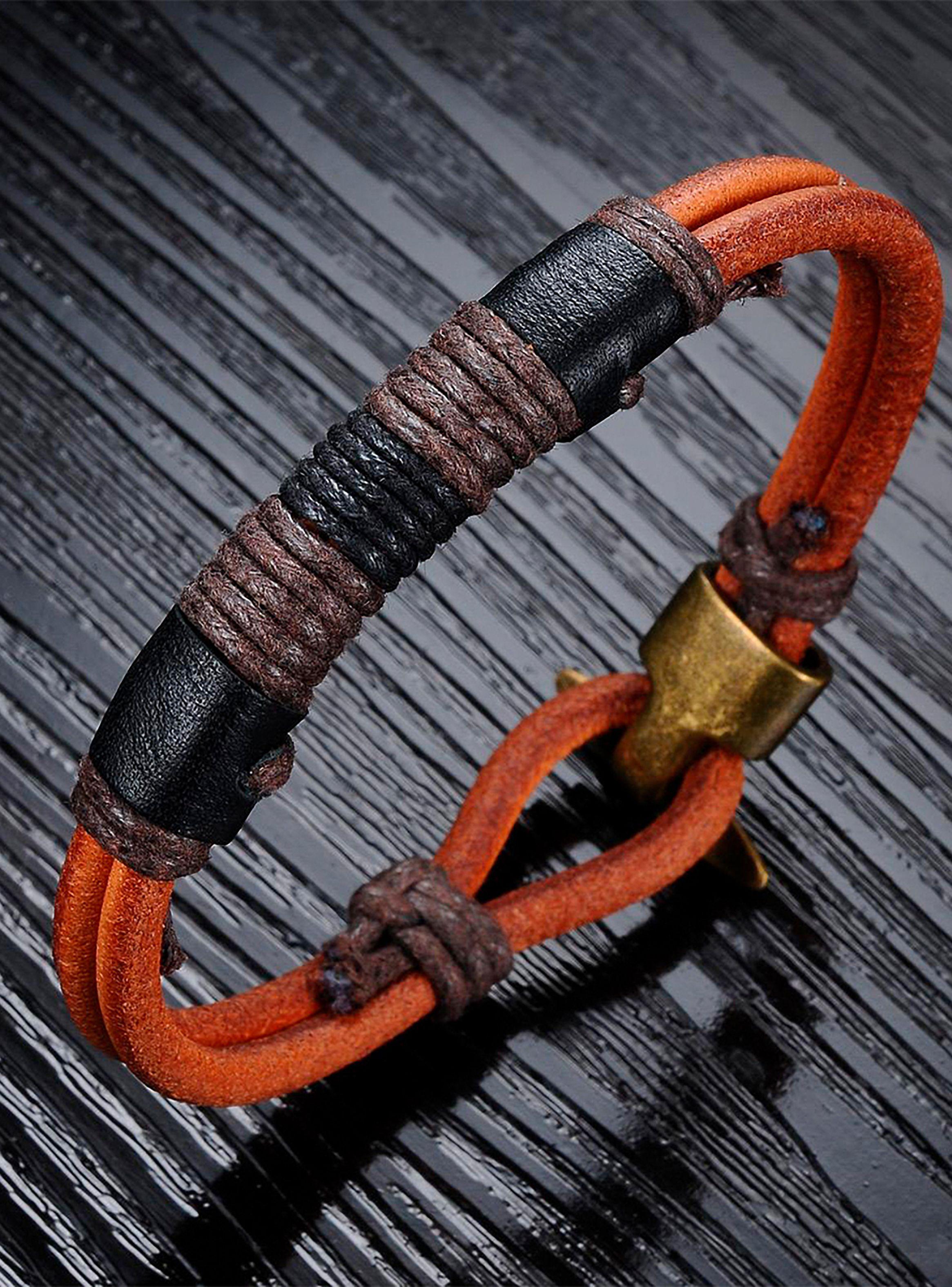 Pulsera de Cuero Naranja Unisex Brazalete con Hilos Negro-5