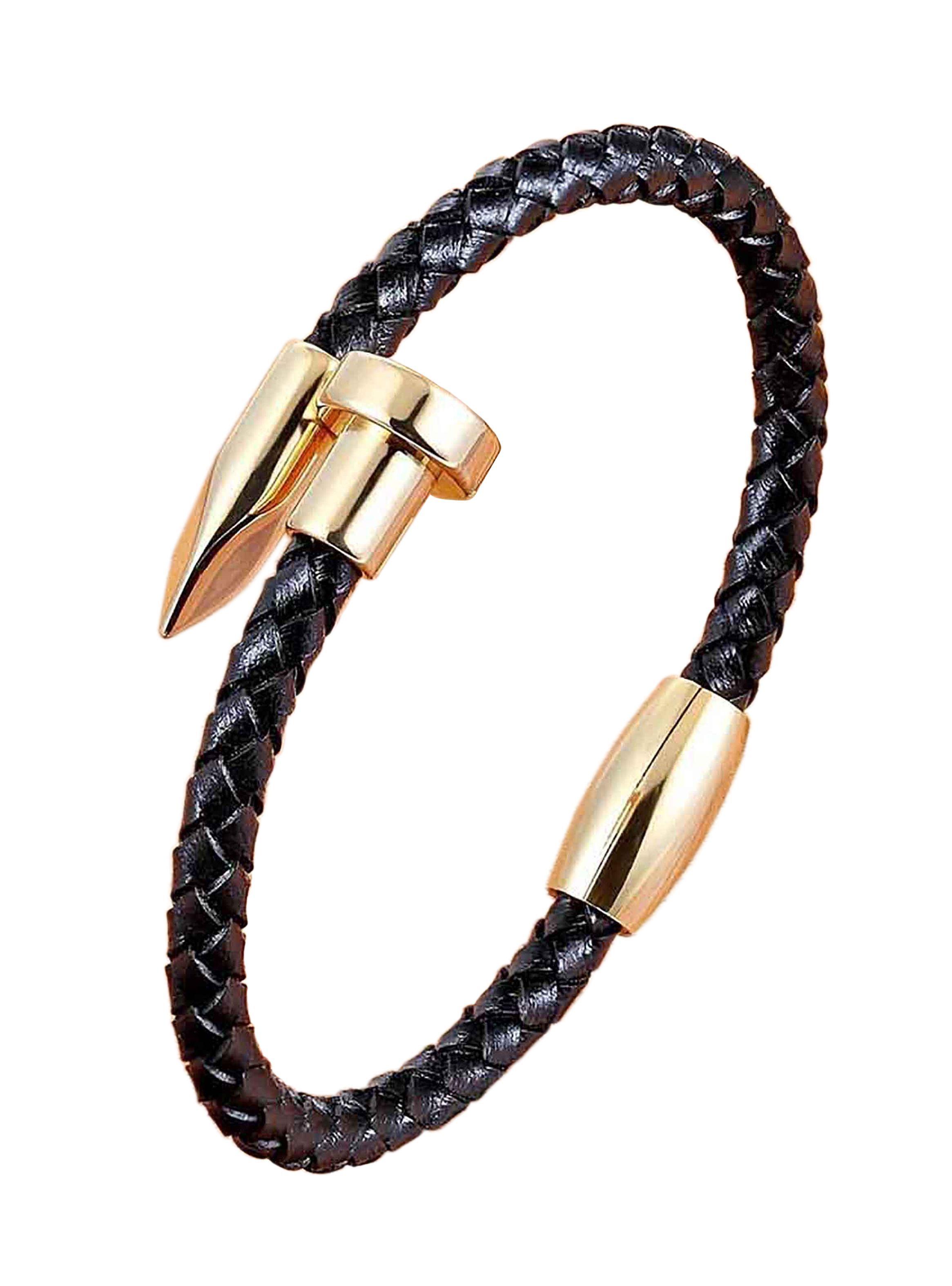 Pulsera Cuero Negro Diseño Punta Acero Dorado-0