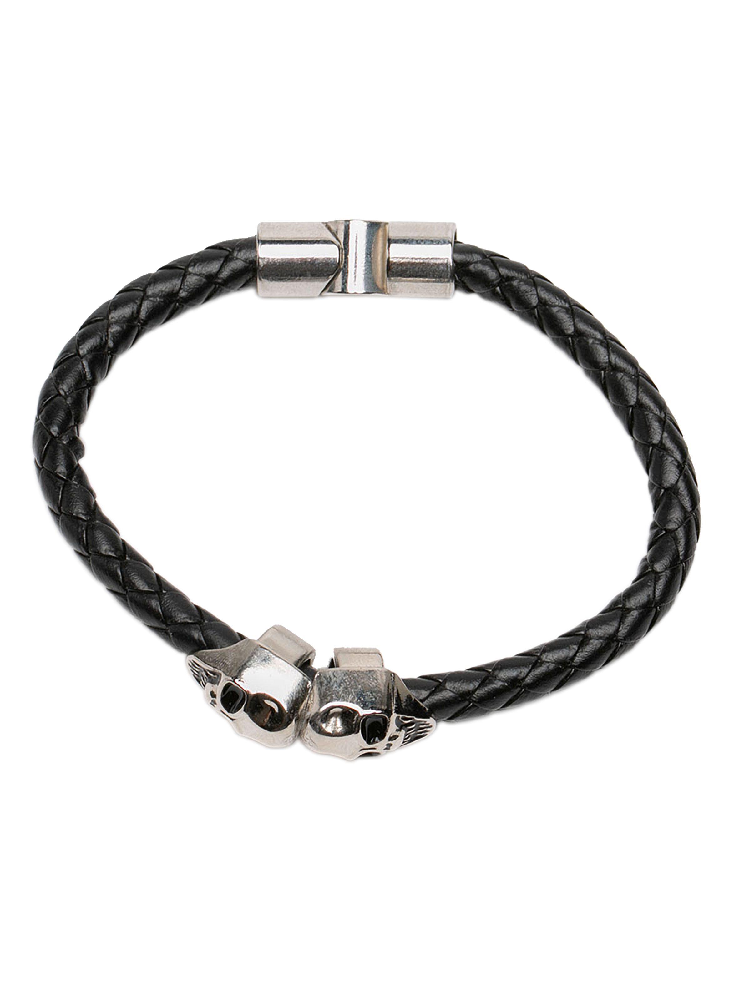 Pulsera Cuero Hombre Calavera Negro Plata-1