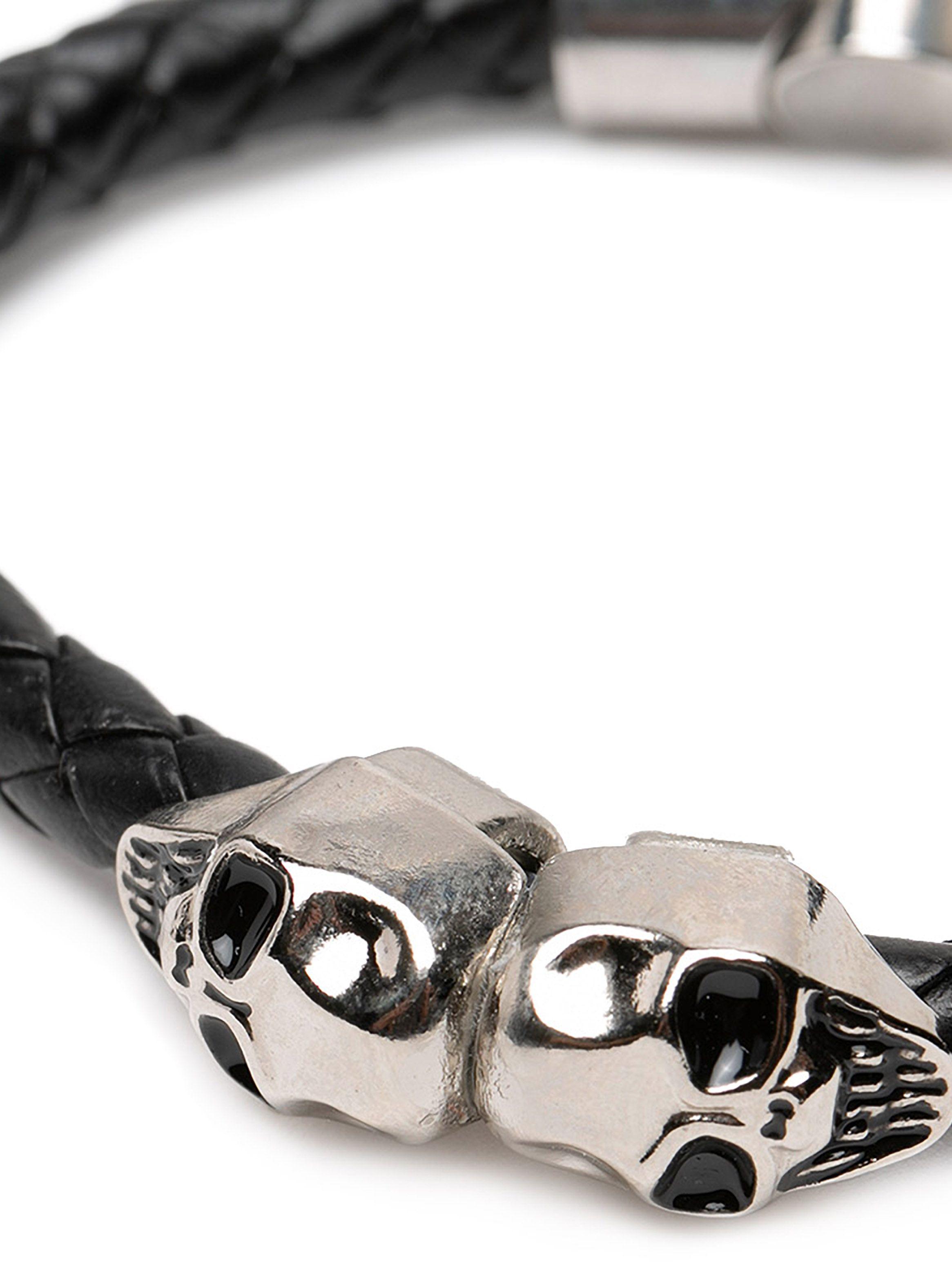 Pulsera Cuero Hombre Calavera Negro Plata-2