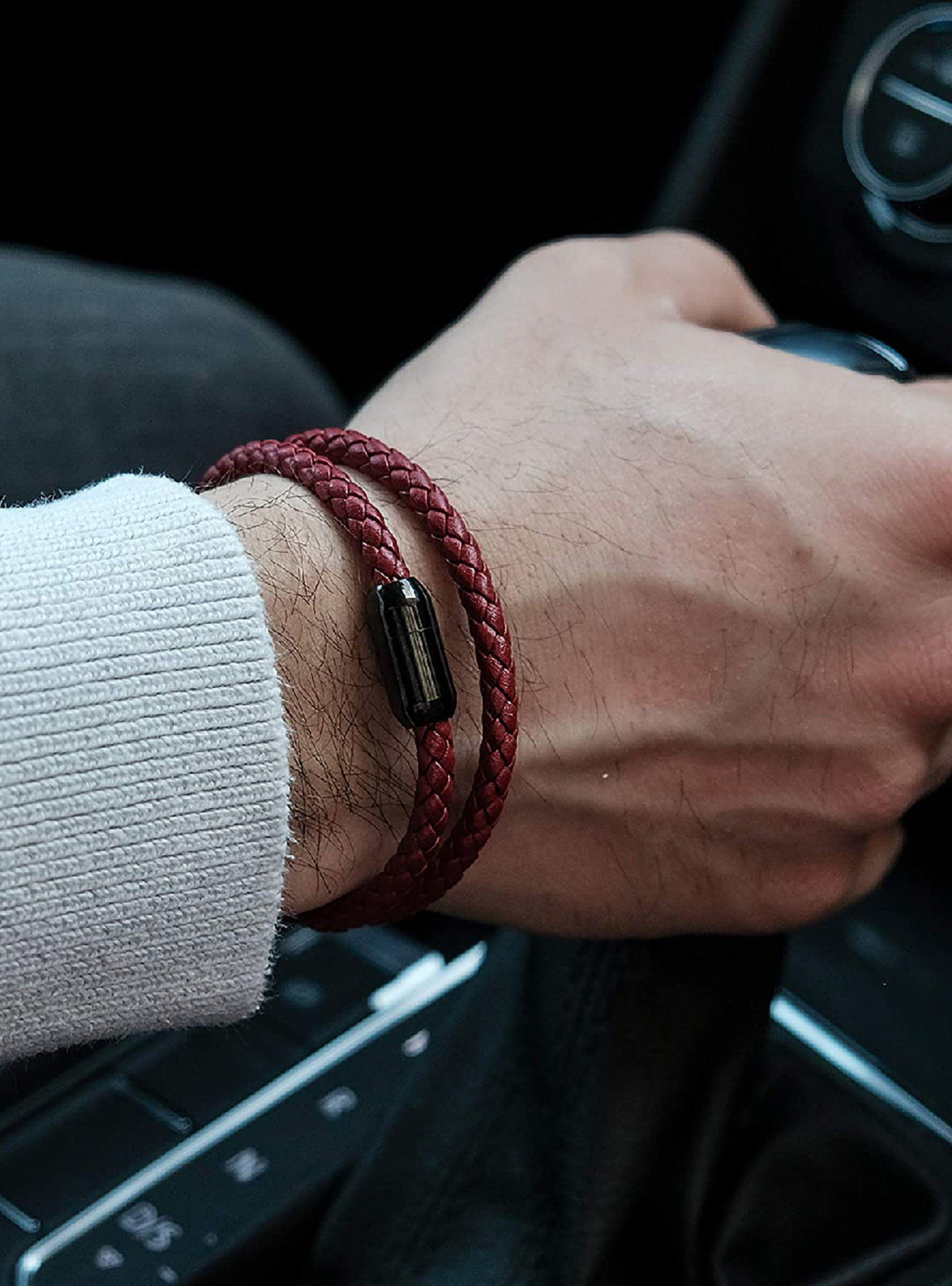 Pulsera de Cuero Rojo Brazalete Largo Hombre-4