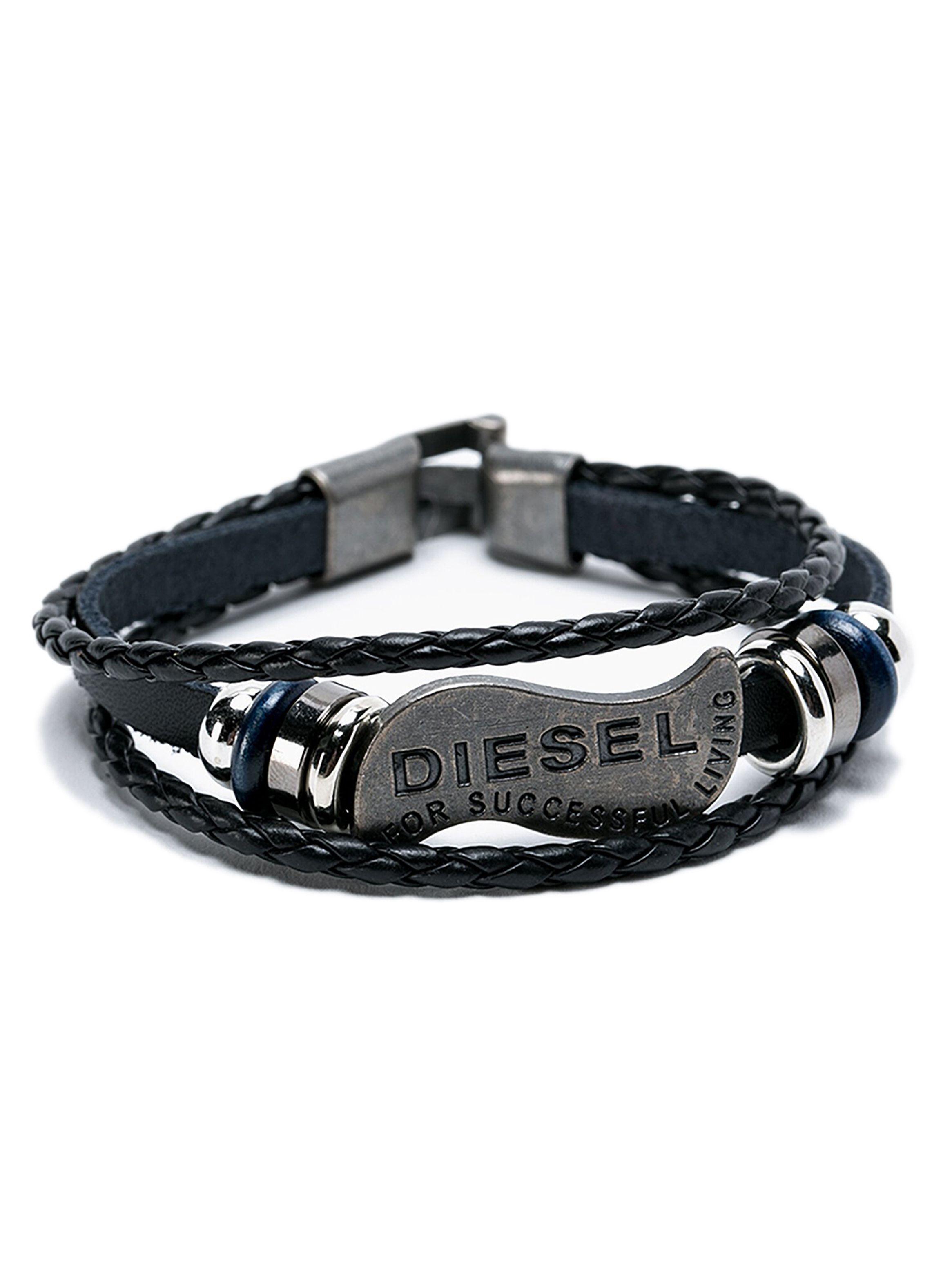 Pulsera Placa Diesel con Cuero Trenzado Azul-0