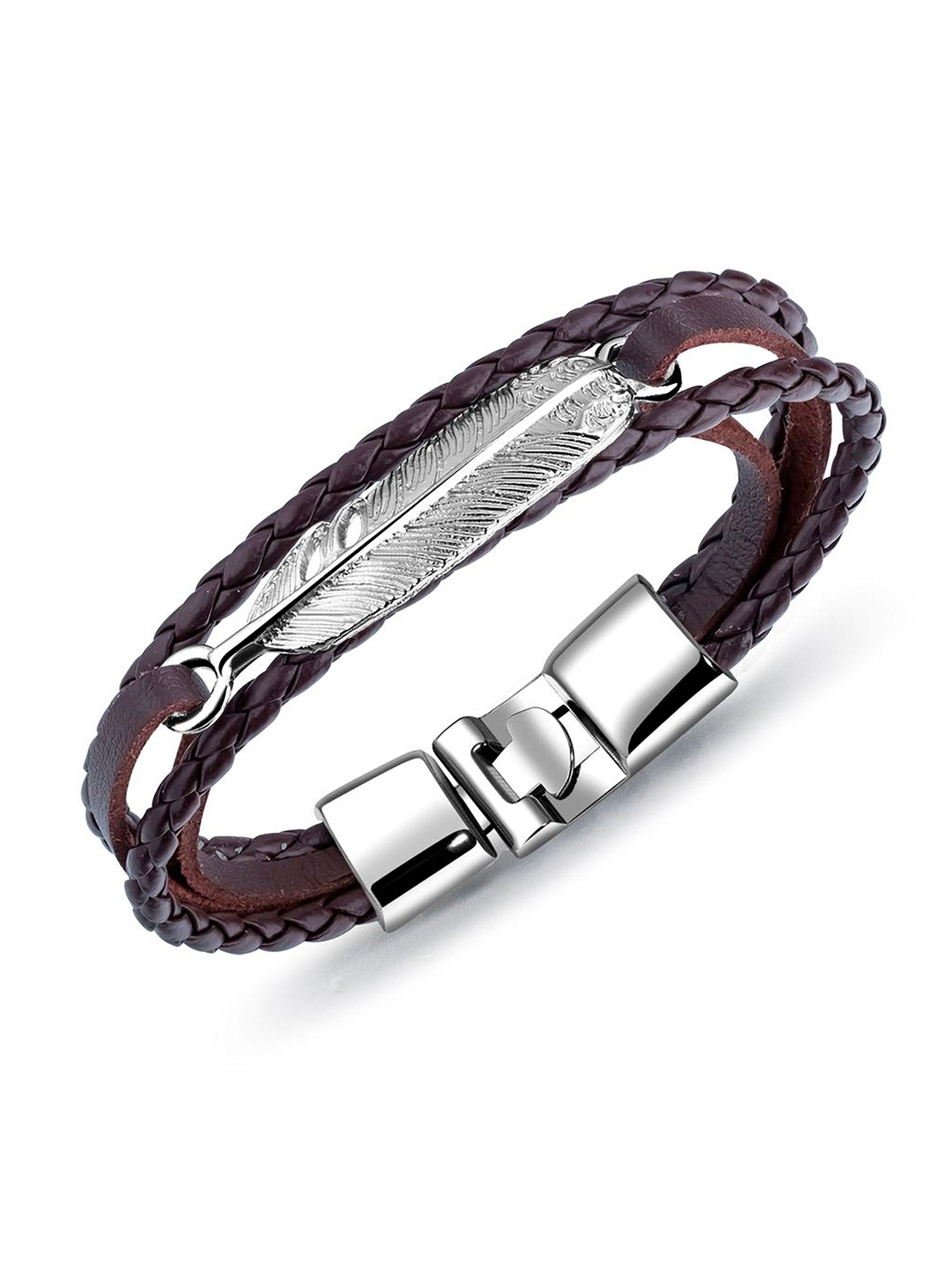 Pack 2 Pulseras de Cuero con texturas y Dije de Pluma Negro y Café-1
