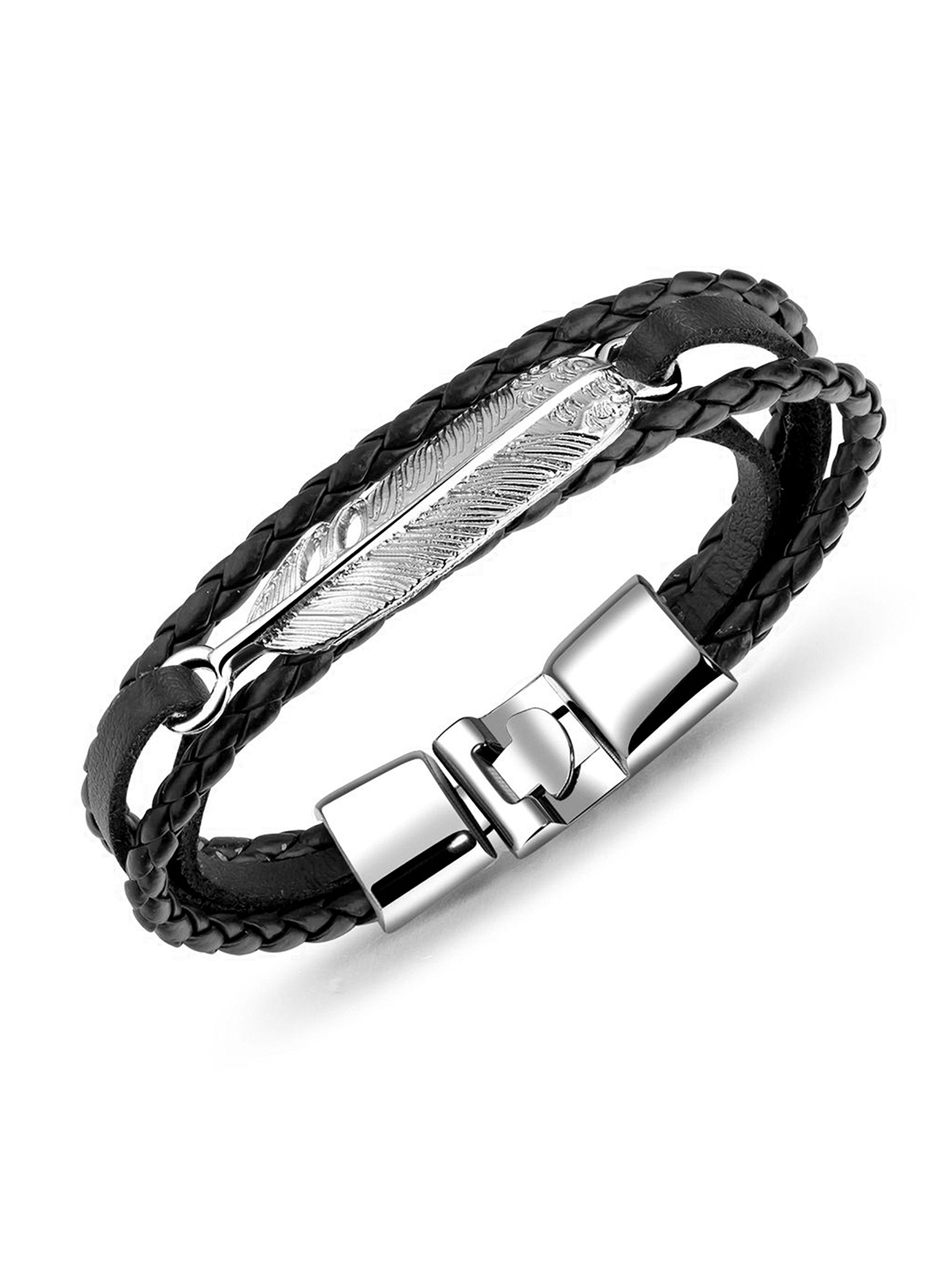 Pack 2 Pulseras de Cuero con texturas y Dije de Pluma Negro y Café-3