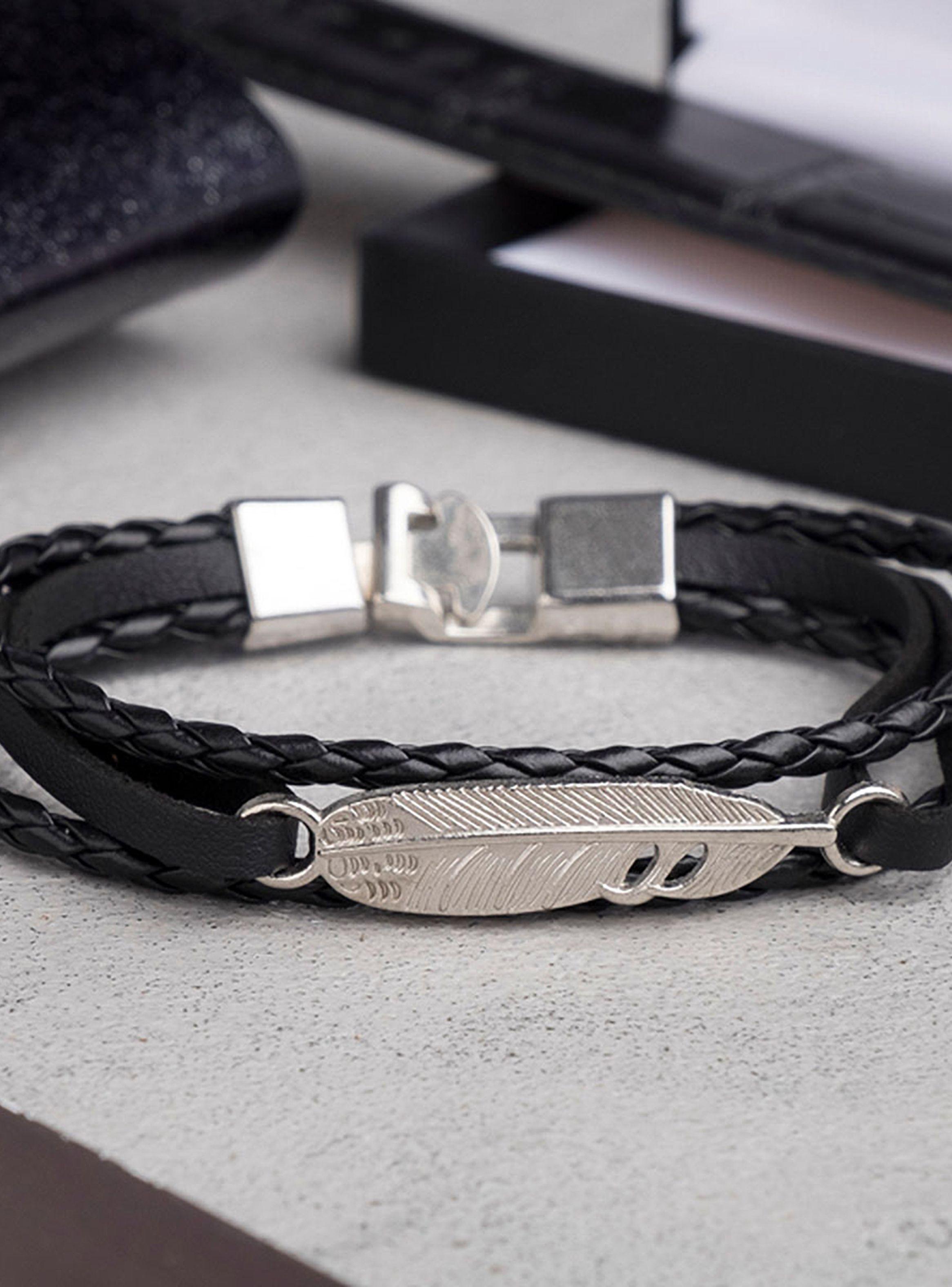 Pack 2 Pulseras de Cuero con texturas y Dije de Pluma Negro y Café-5