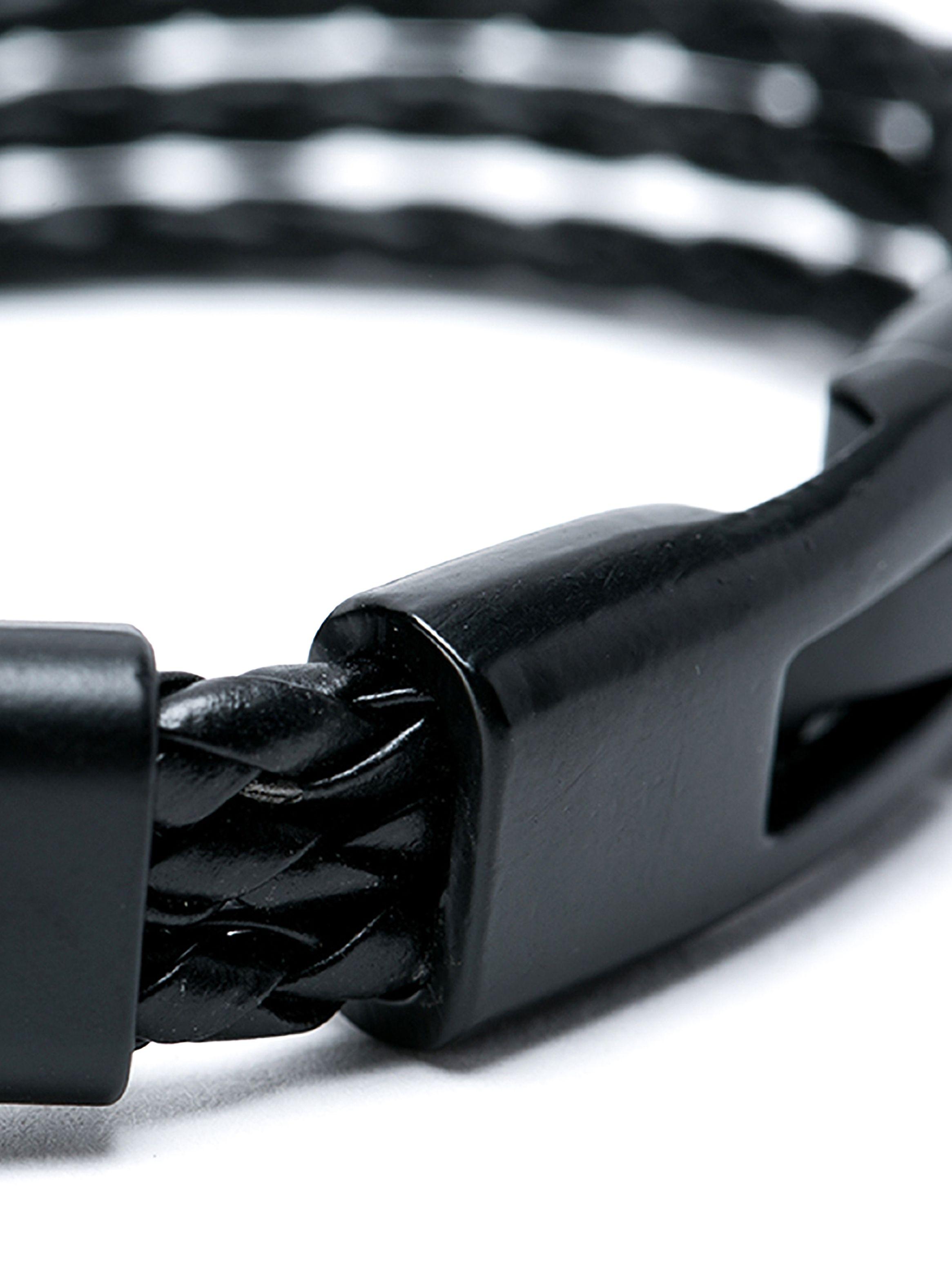 Pulsera Trenzado Triple Negro Detalles Acero Negro-2
