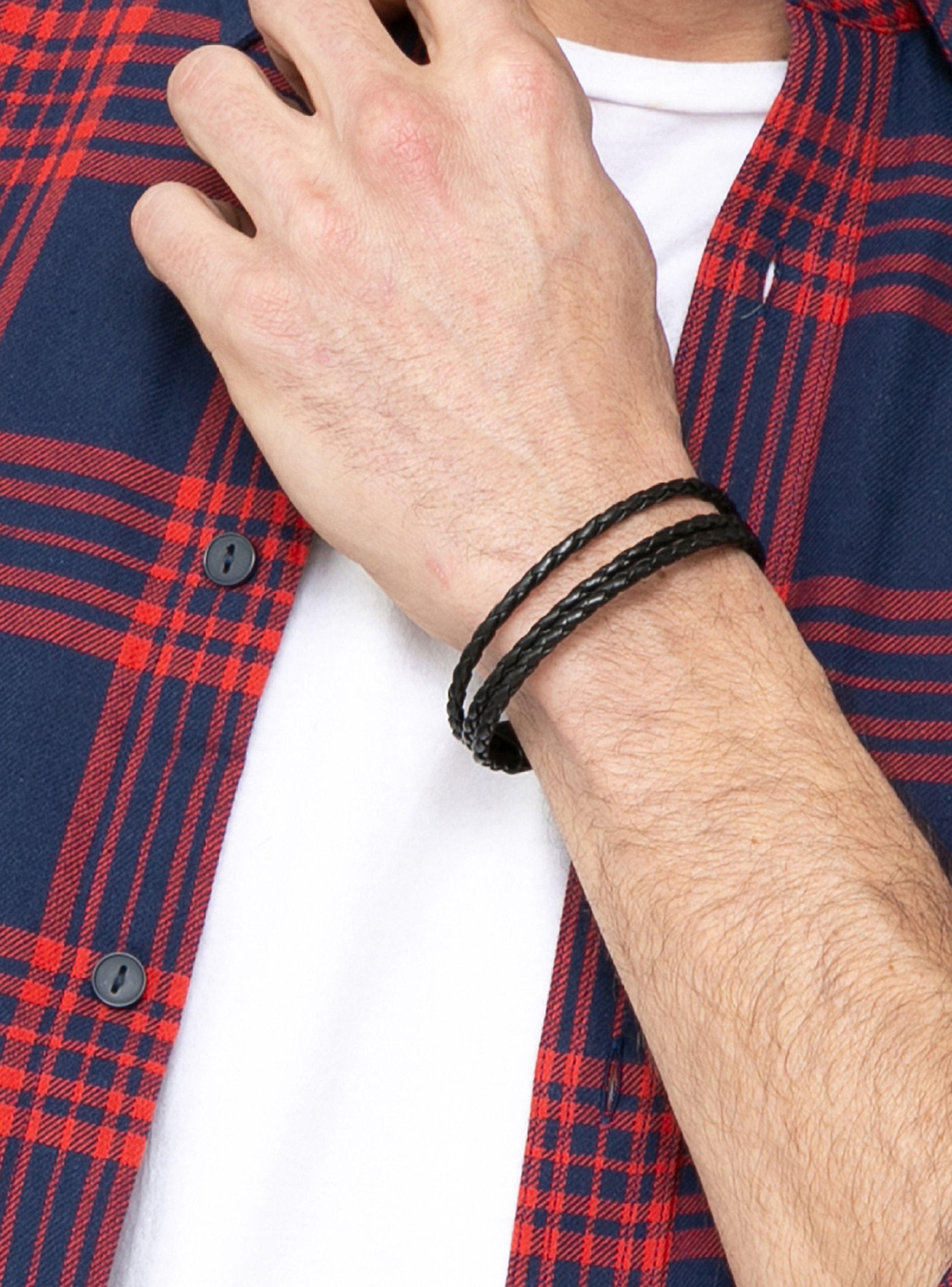 Pulsera Trenzado Triple Negro Detalles Acero Negro-3