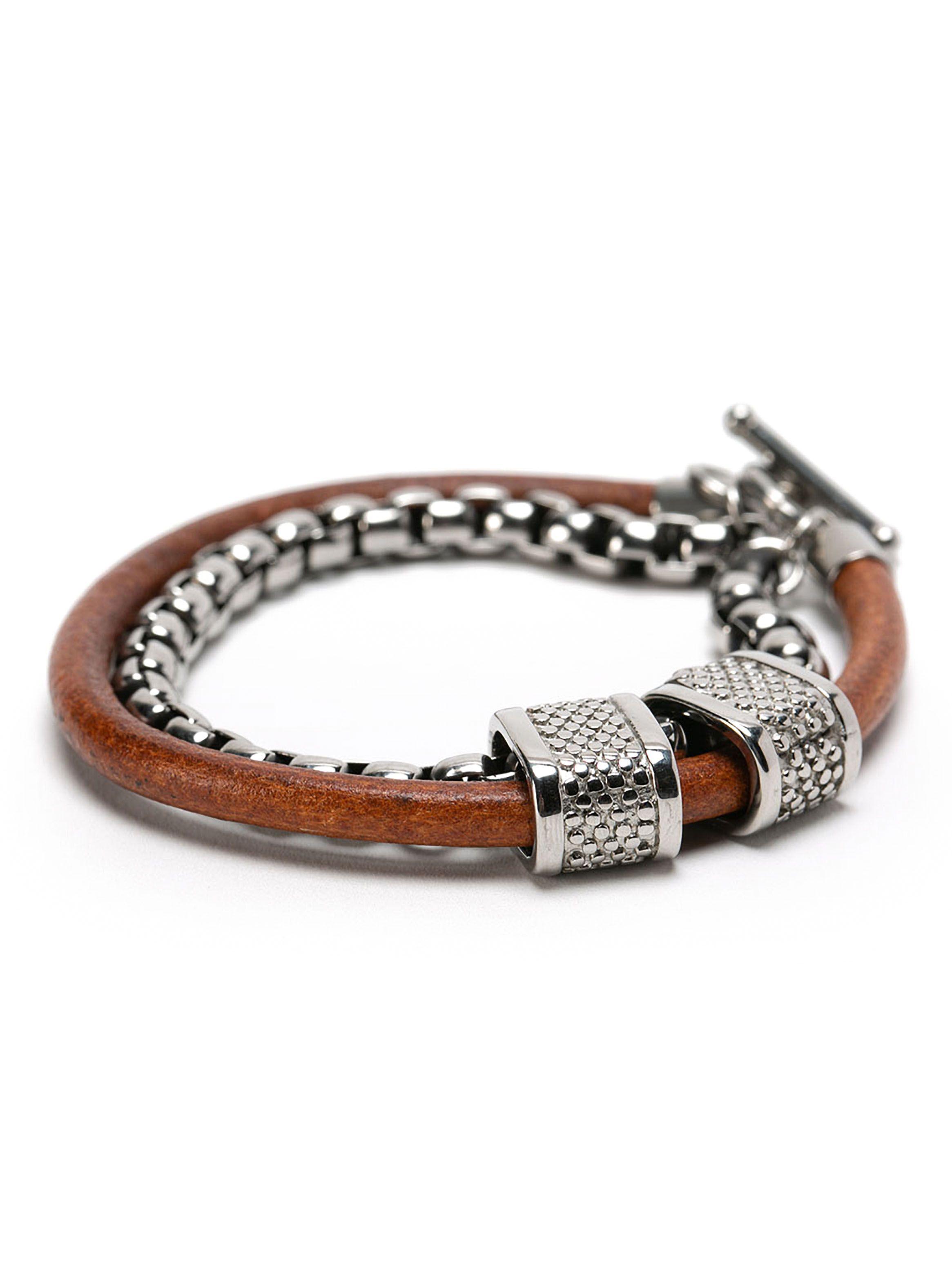 Pulsera De Cuero Con Cadena Acero Hombre-0