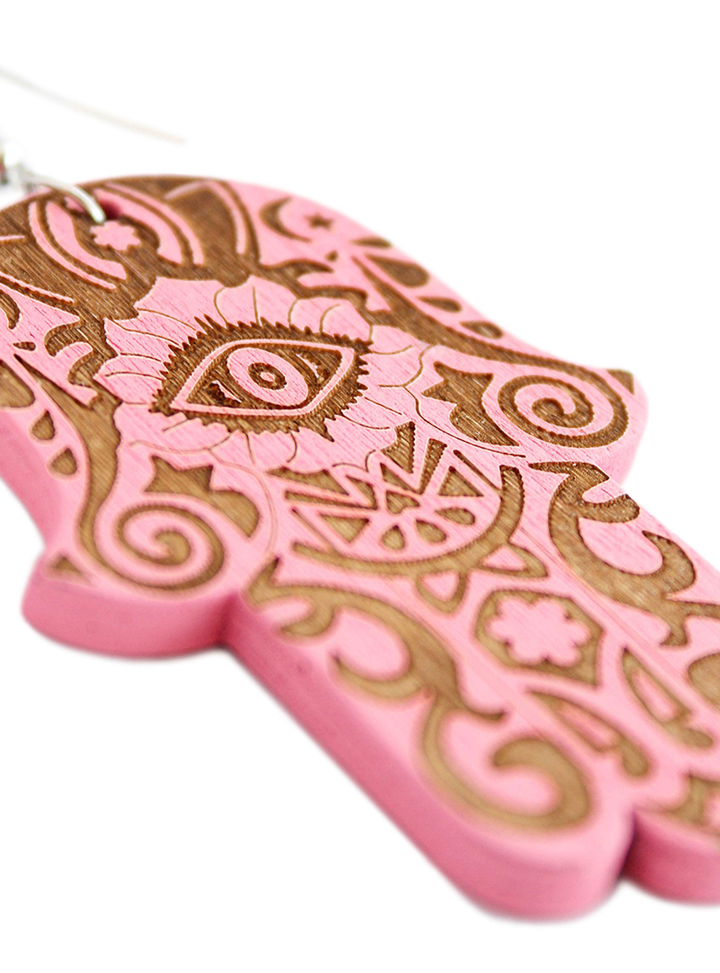 Aros Mujer Largos Mano Hamsa Jamsa Madera Rosado-3
