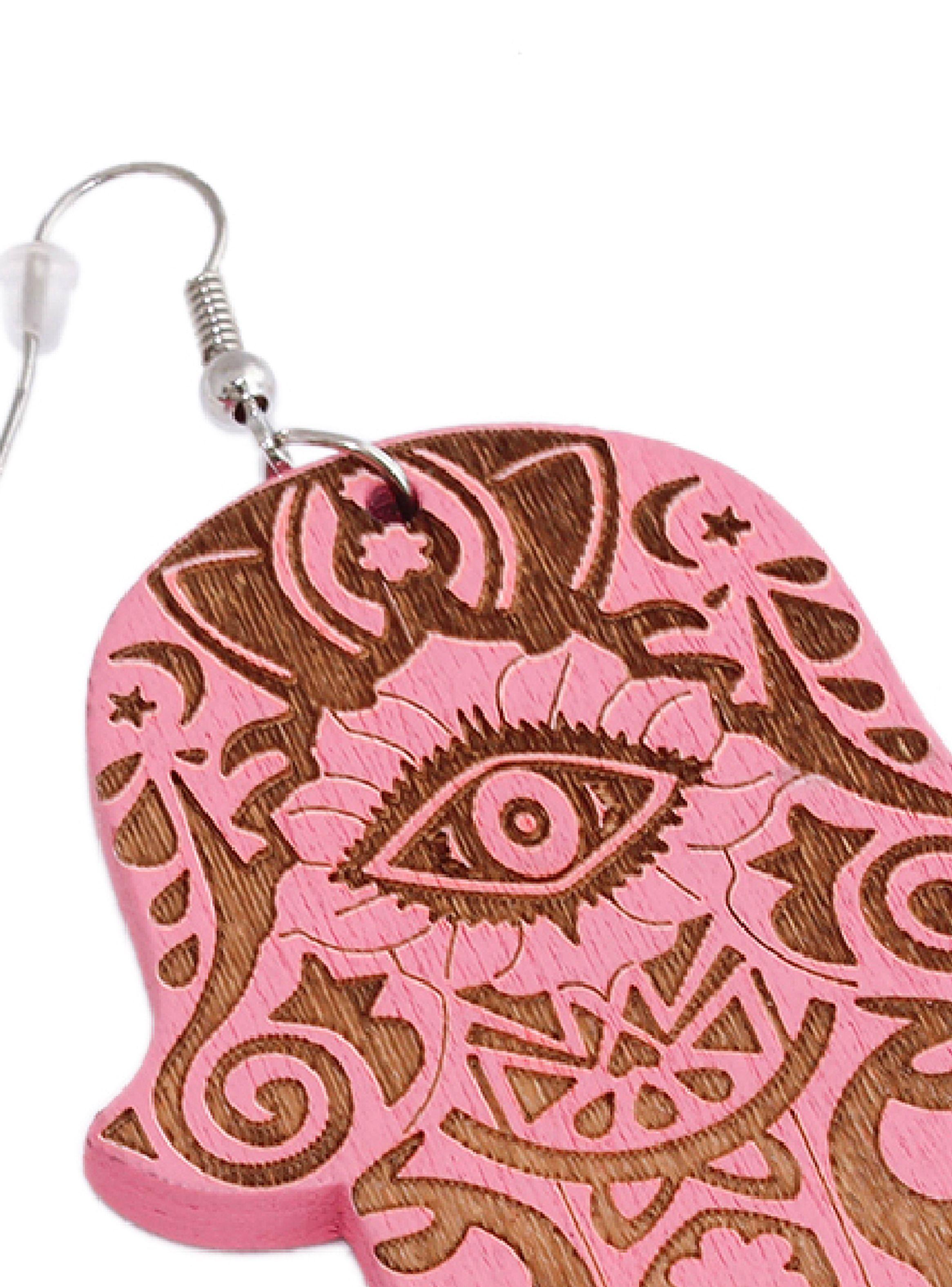 Aros Mujer Largos Mano Hamsa Jamsa Madera Rosado-4