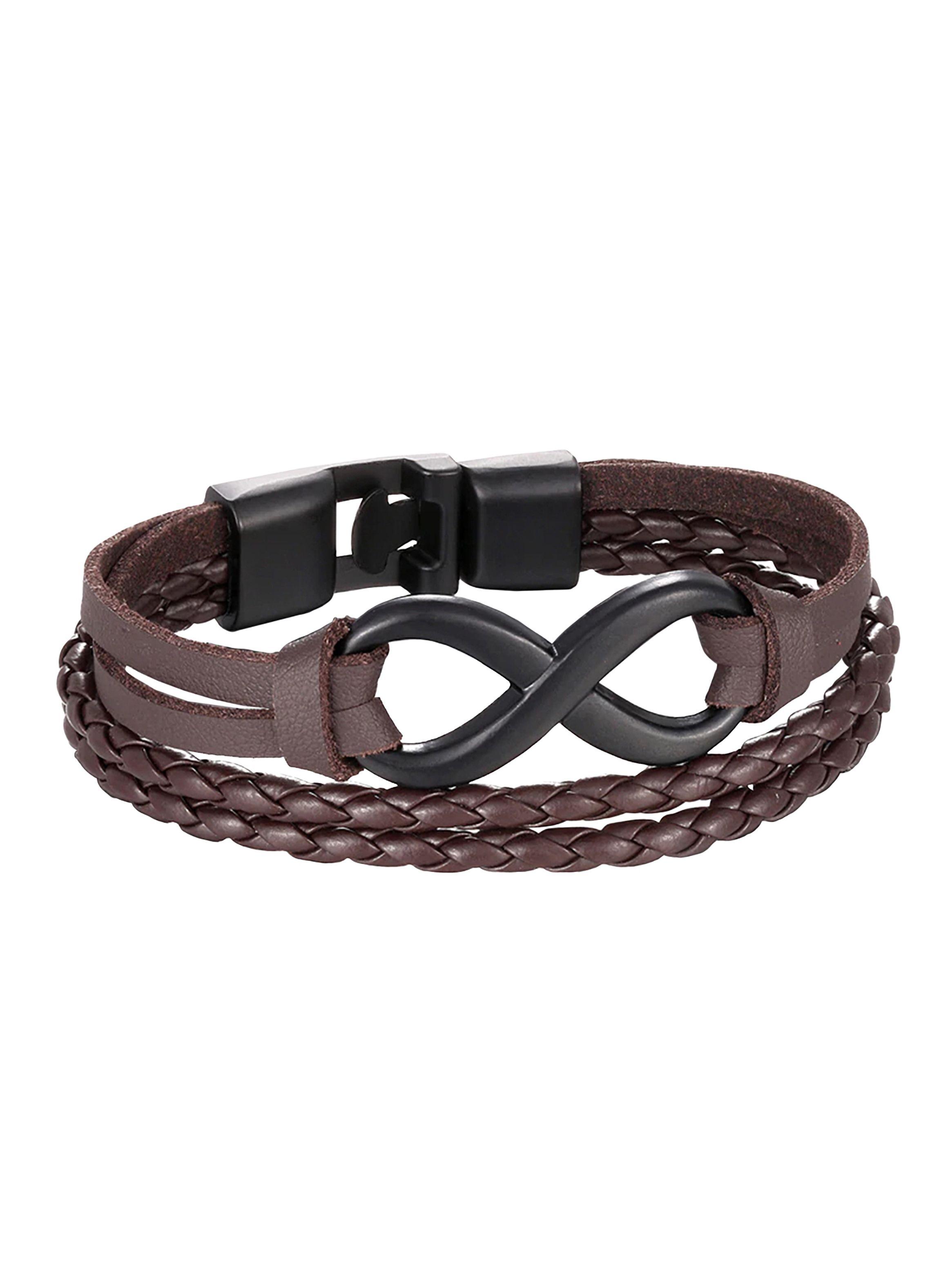 Pulsera Cuero Cafe Dije Infinito Negro Brazalete-0