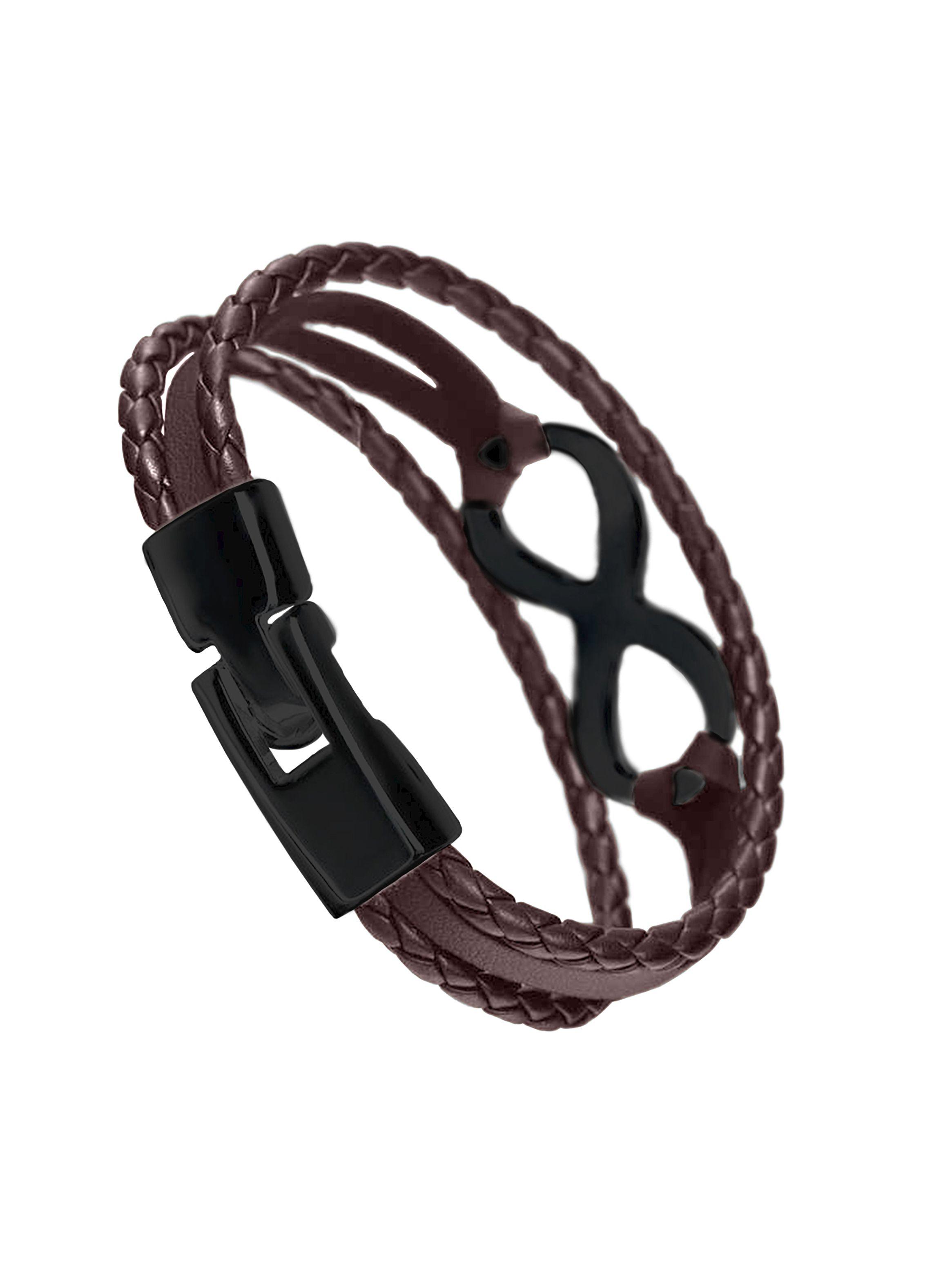 Pulsera Cuero Cafe Dije Infinito Negro Brazalete-1