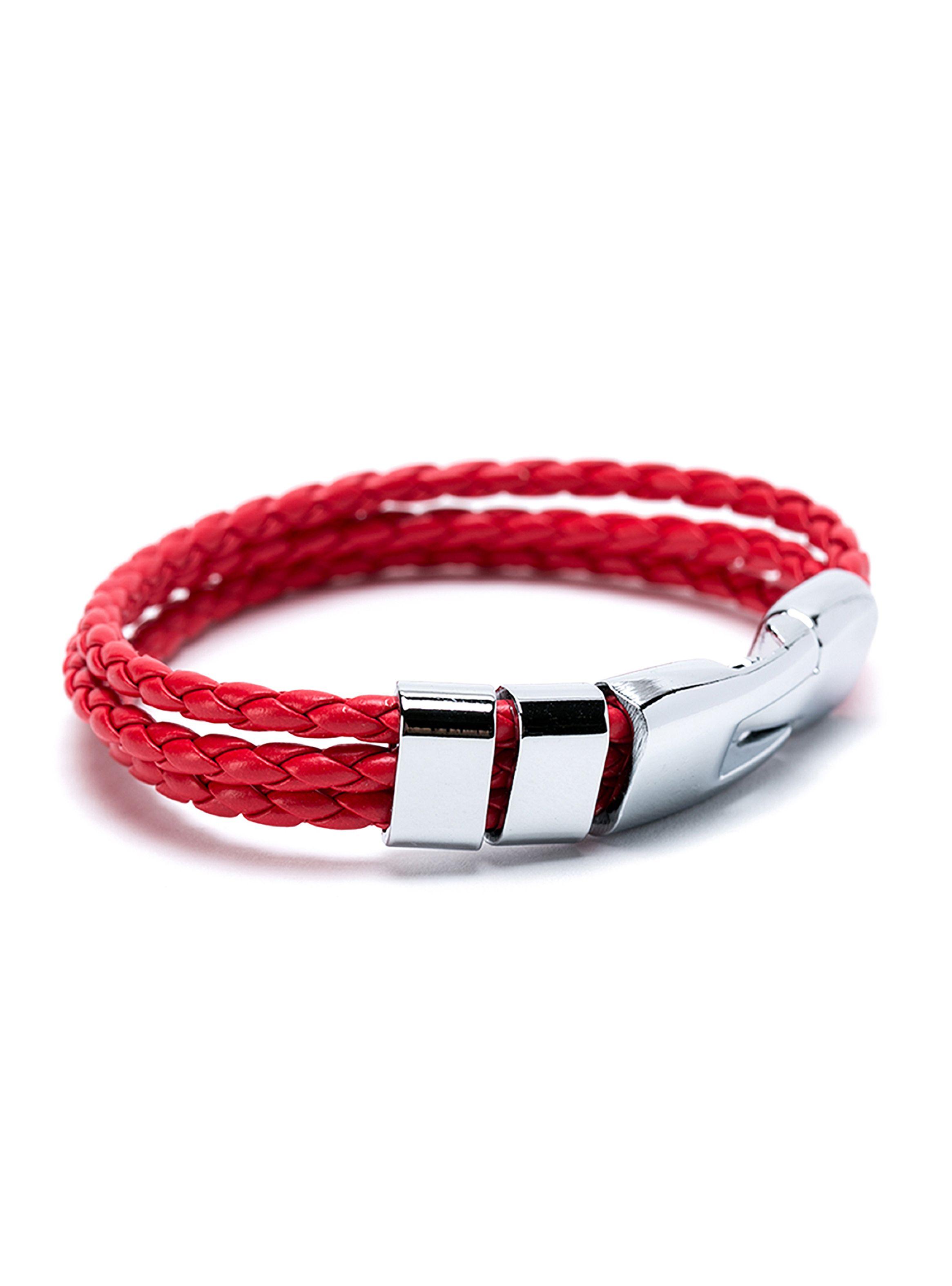 Pulsera Tres Trenzados Rojos Detalles Metálicos-0