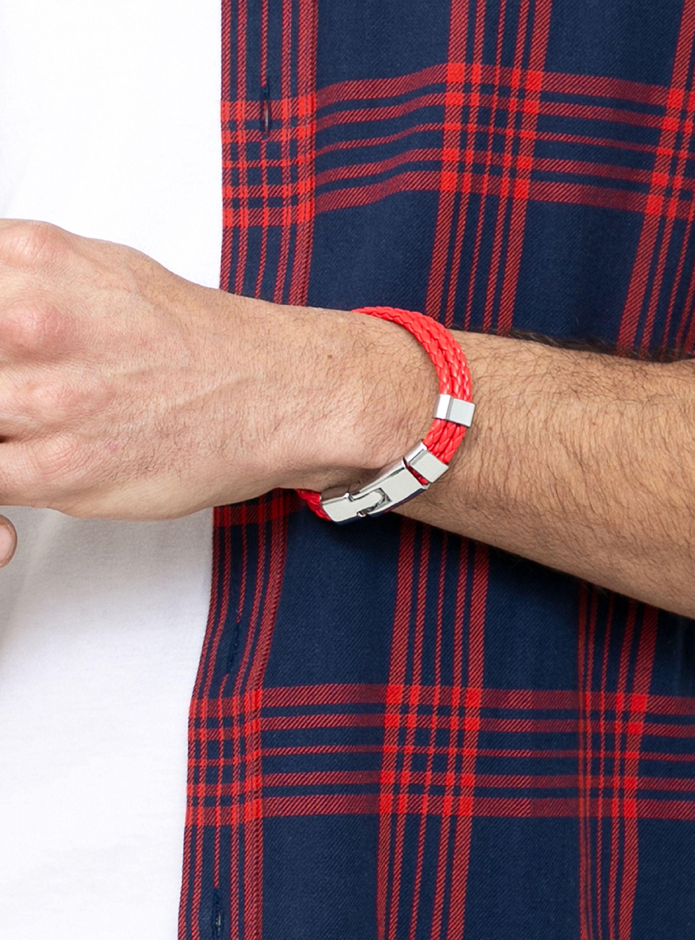 Pulsera Tres Trenzados Rojos Detalles Metálicos-3