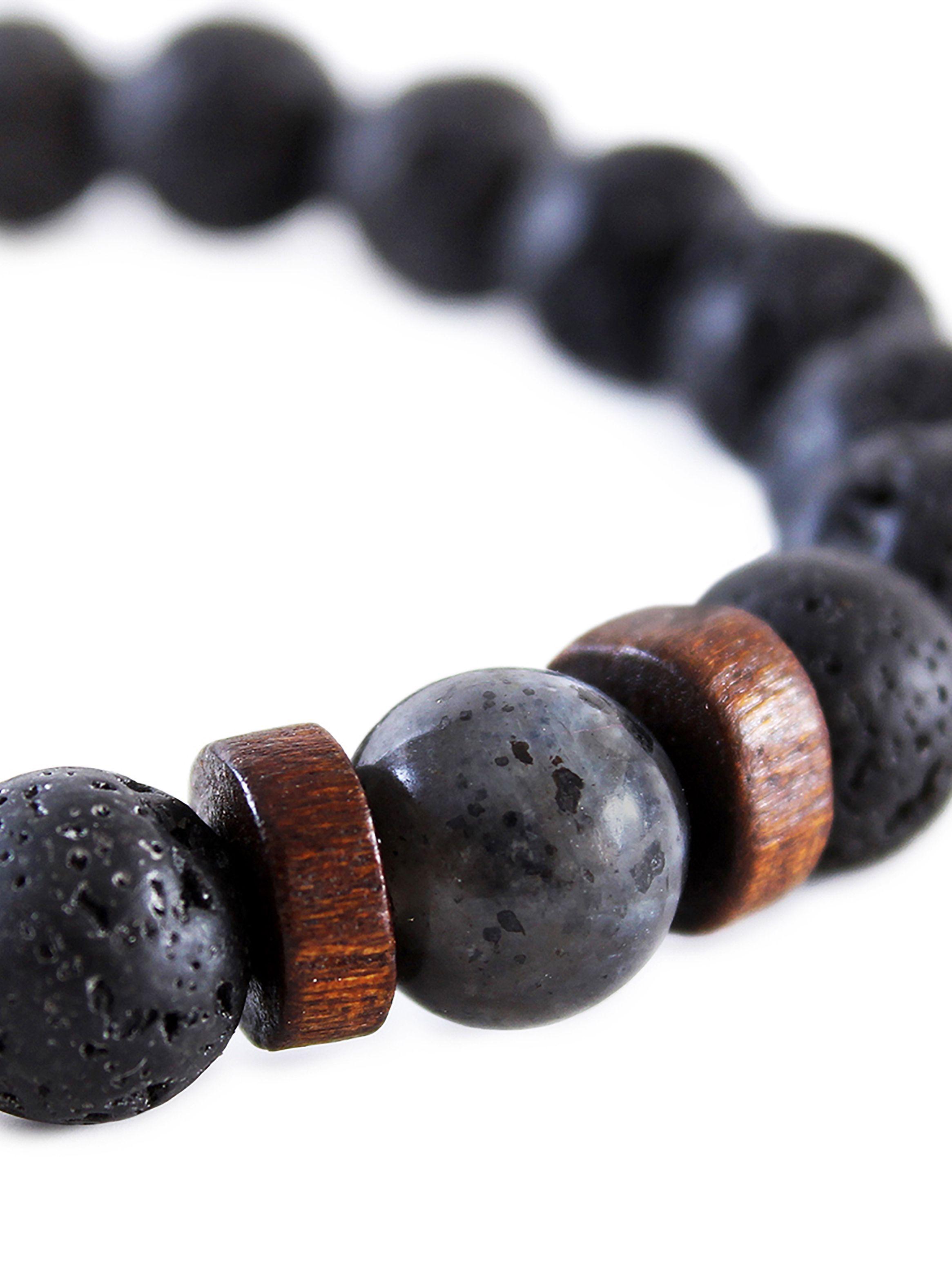 Pack Pulsera piedra volcánica y larvikita + Brazalete de cuero marrón-3