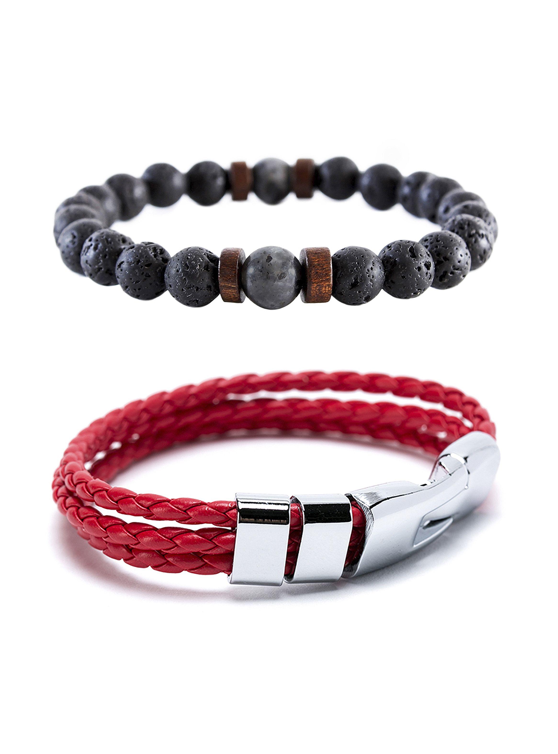 Pack Pulsera de piedra volcánica y pulsera de cuero roja con acero-0