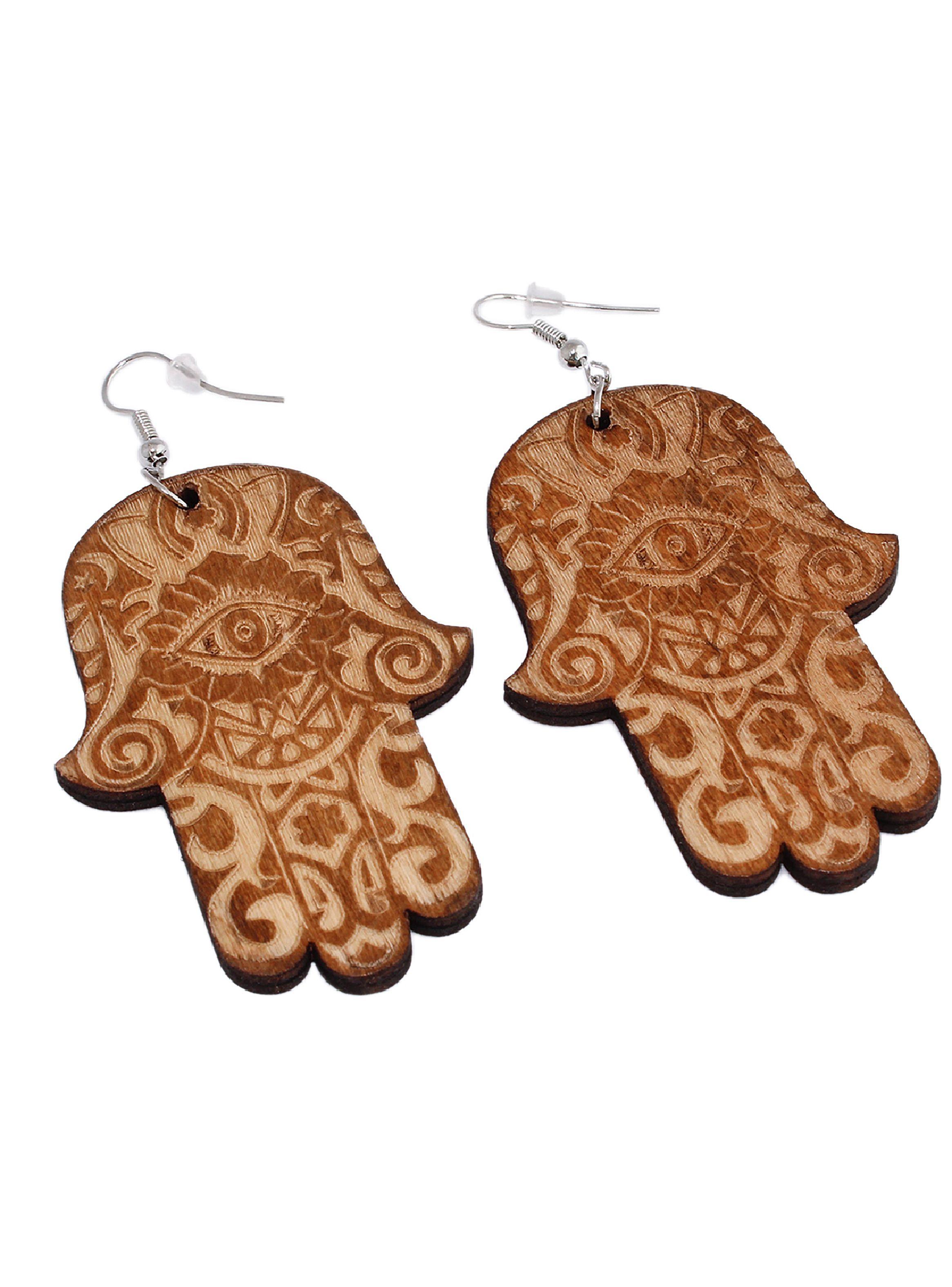 Aros Mujer Largos Mano Hamsa Jamsa Madera Café-0