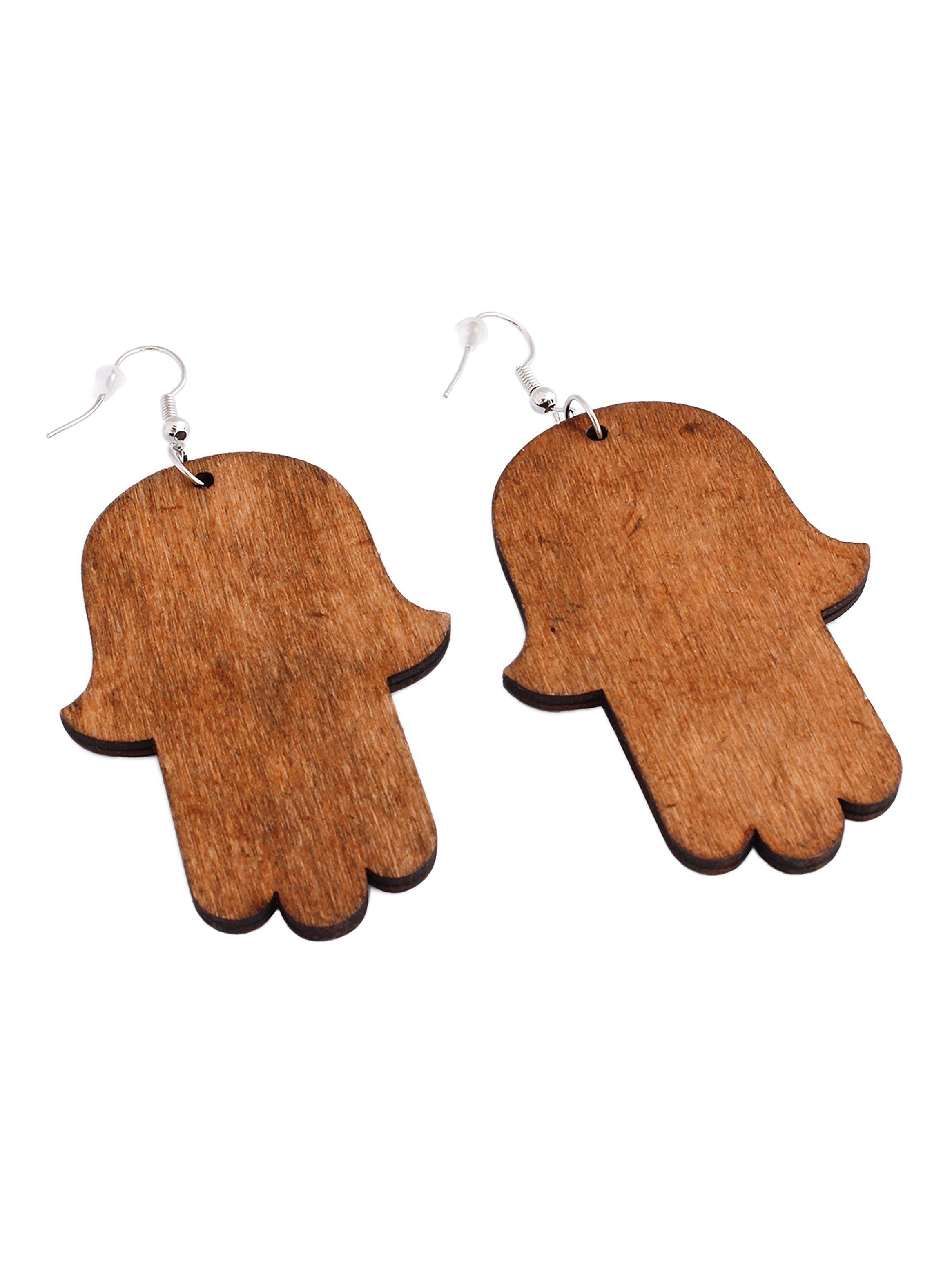 Aros Mujer Largos Mano Hamsa Jamsa Madera Café-1