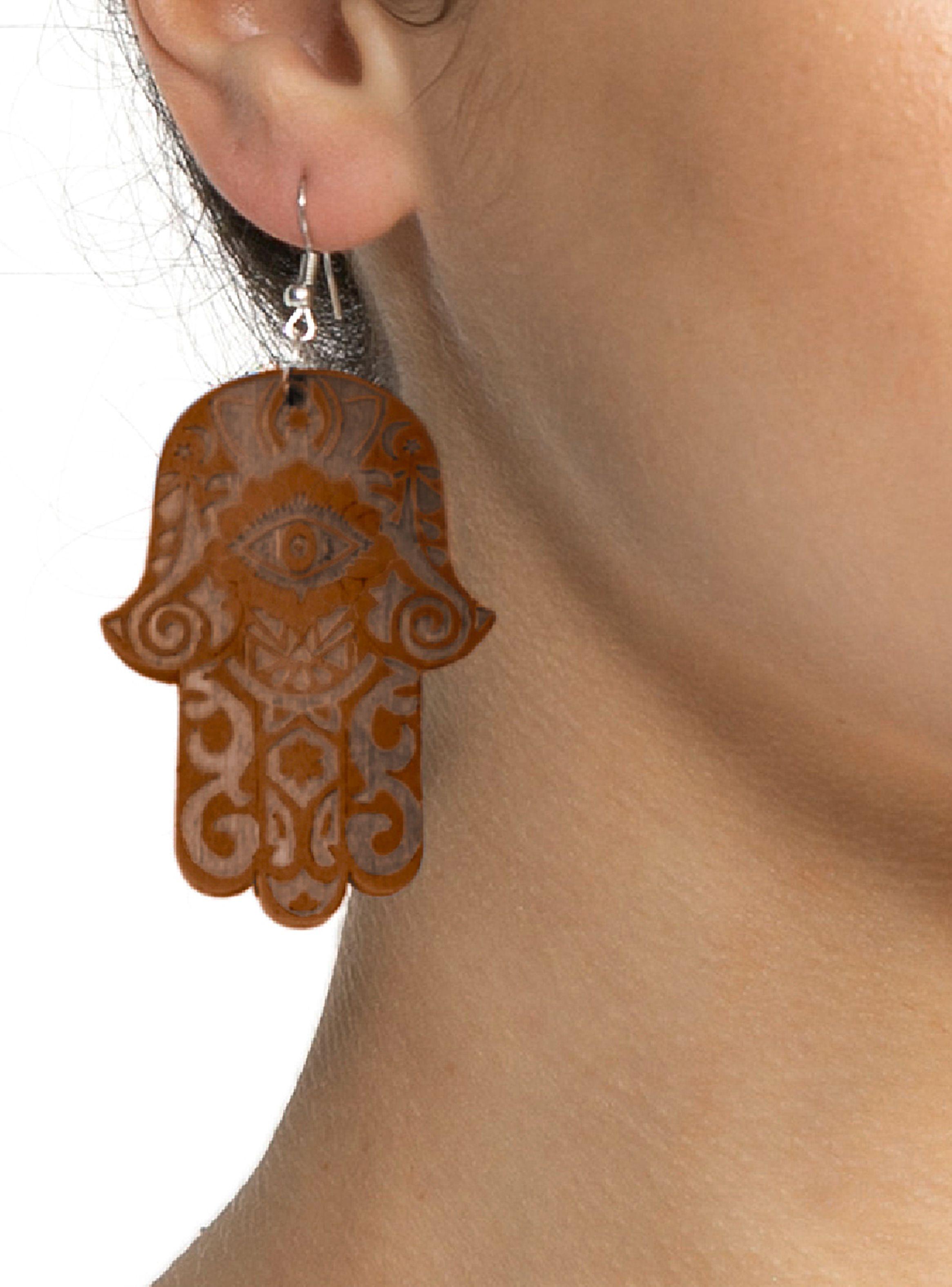 Aros Mujer Largos Mano Hamsa Jamsa Madera Café-2