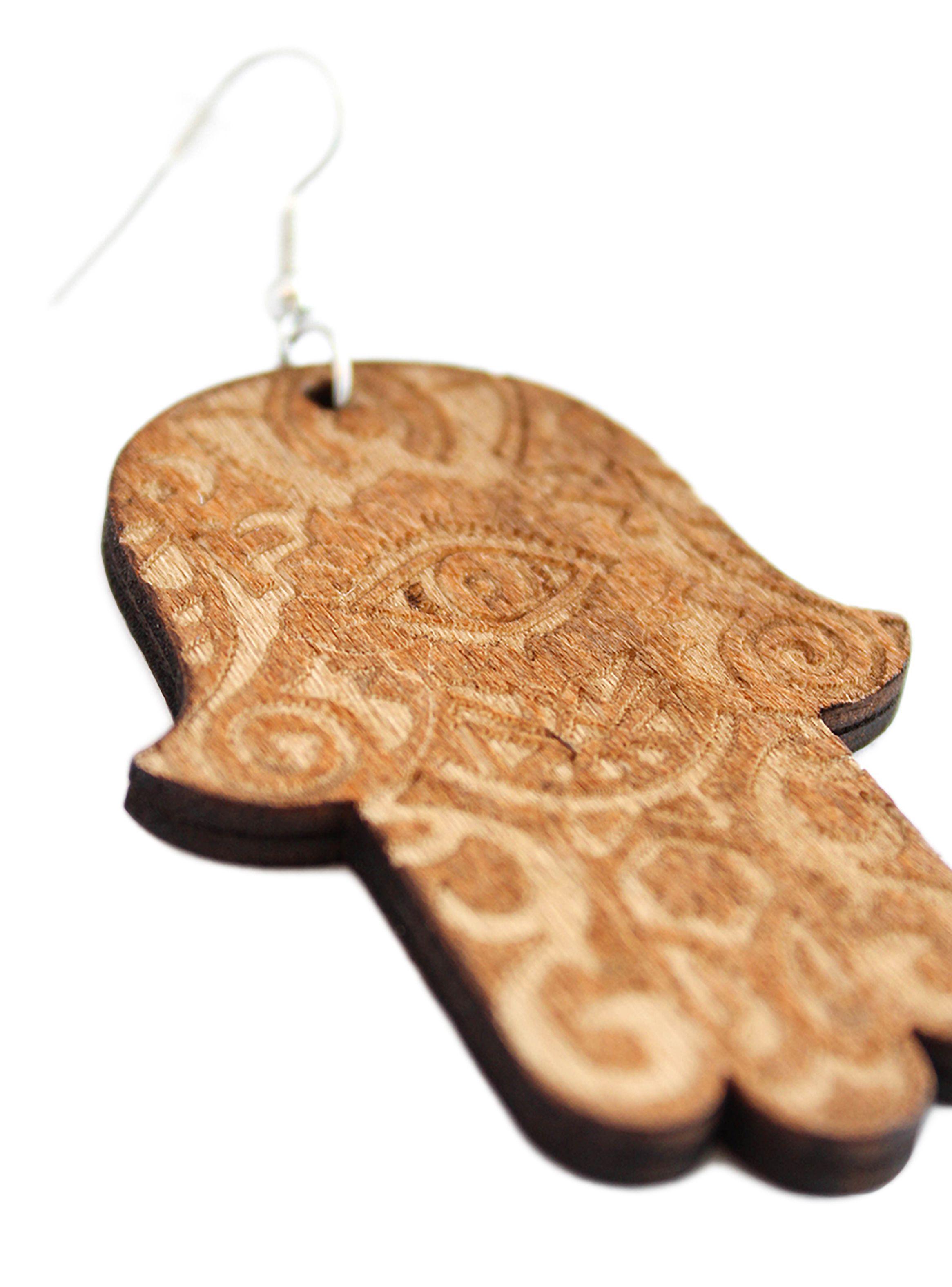 Aros Mujer Largos Mano Hamsa Jamsa Madera Café-3