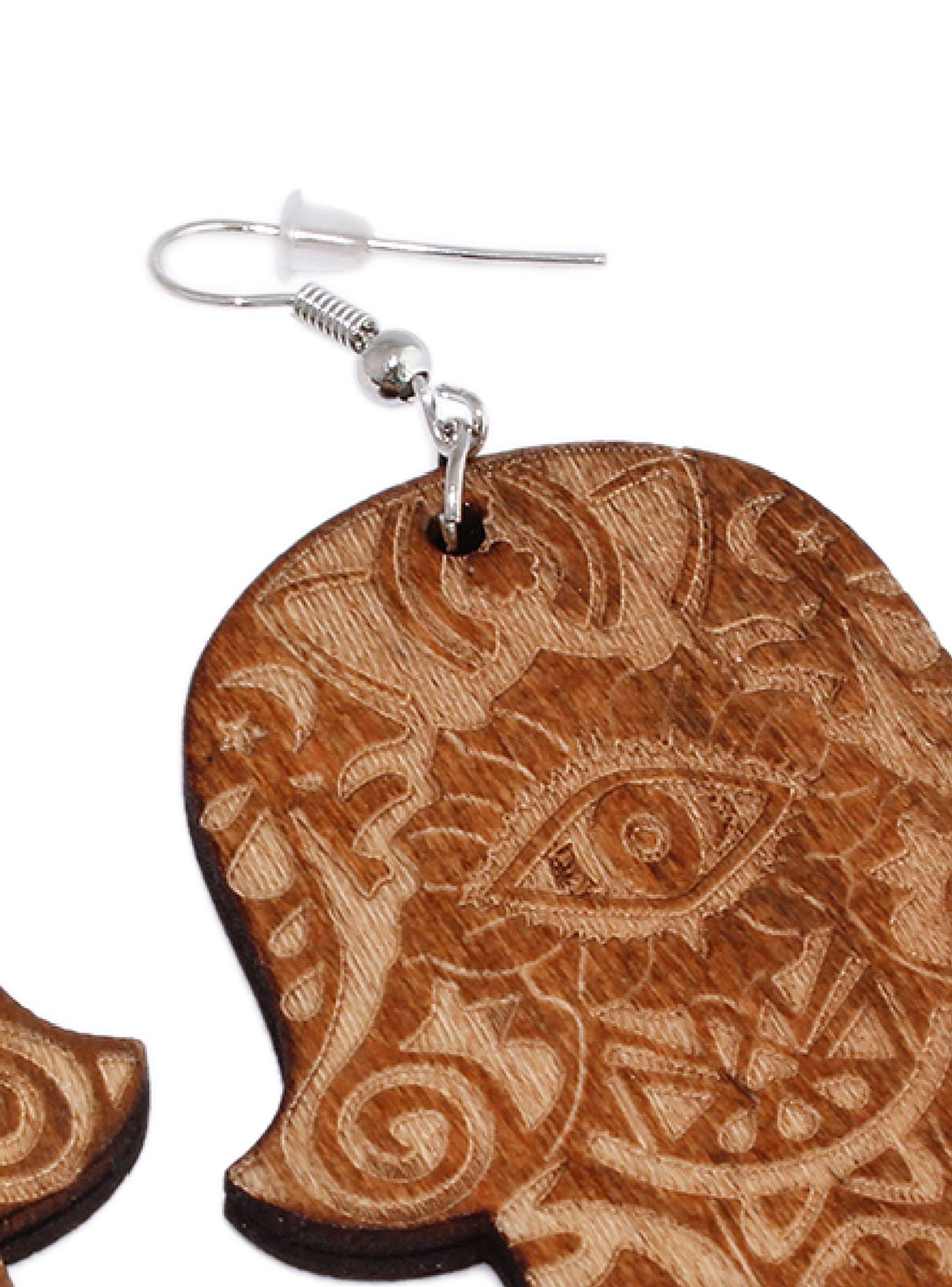 Aros Mujer Largos Mano Hamsa Jamsa Madera Café-4
