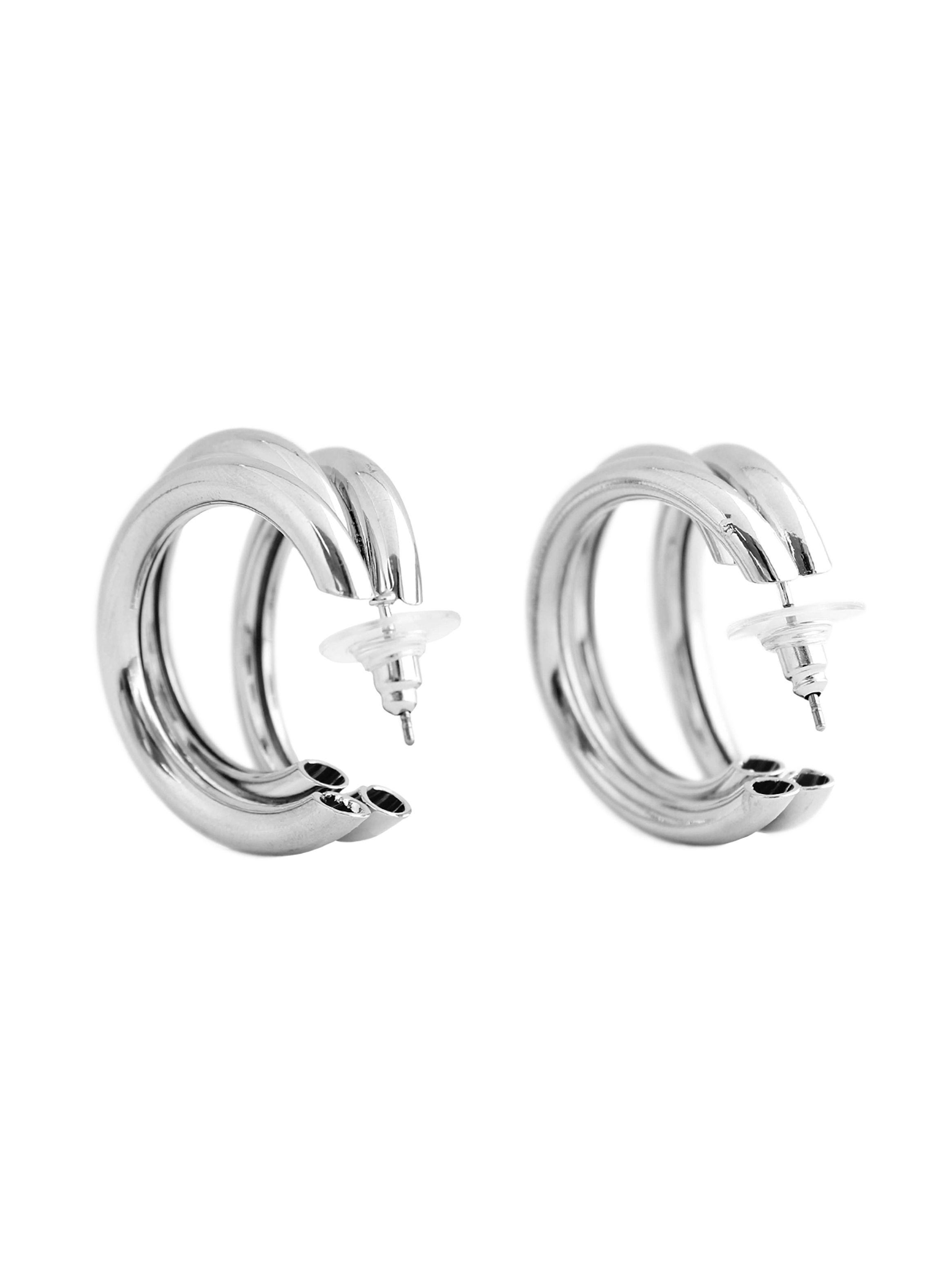 Aretes Mujer Triple Argolla Acero Plateado-1