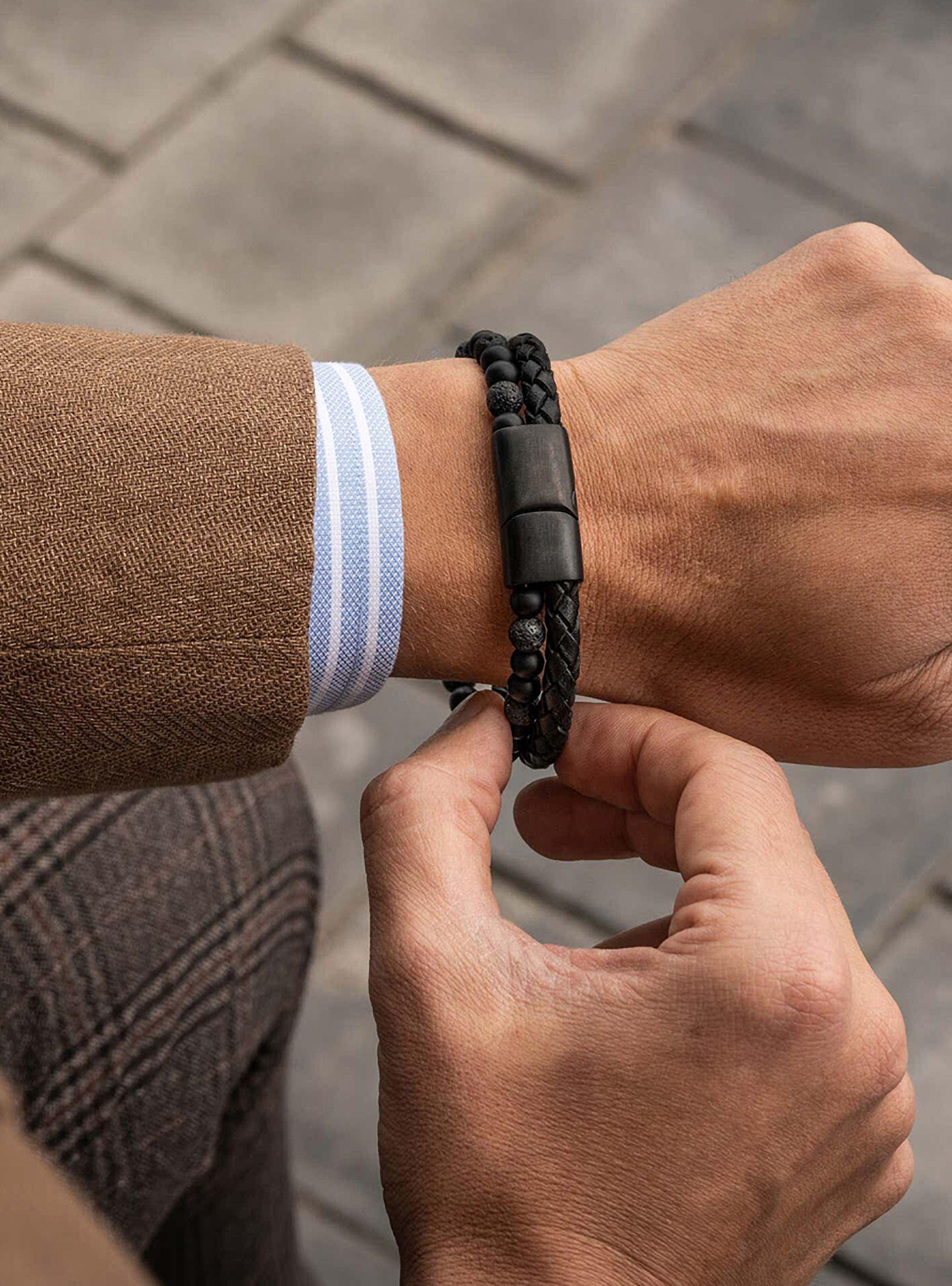 Pulsera de Hombre en Cuero con Piedras Volcánica y Ónix-3