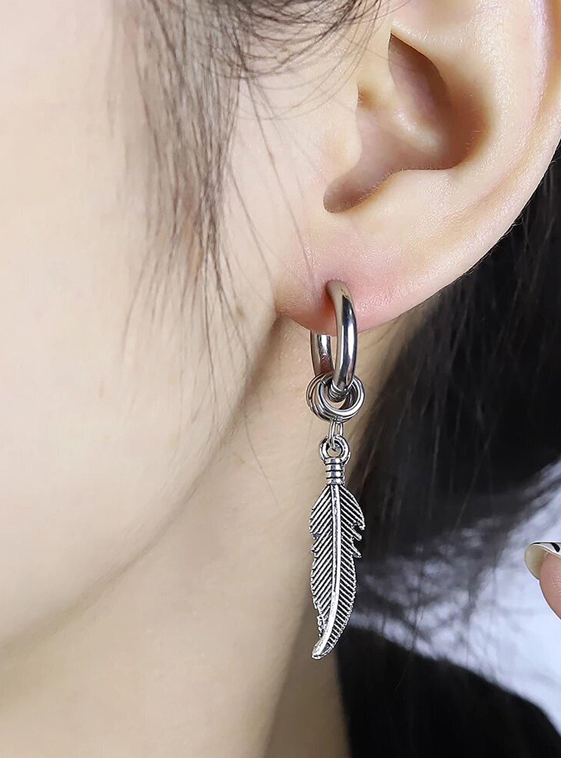 Aros Argolla Plateados con Dije Pluma Colgantes-2