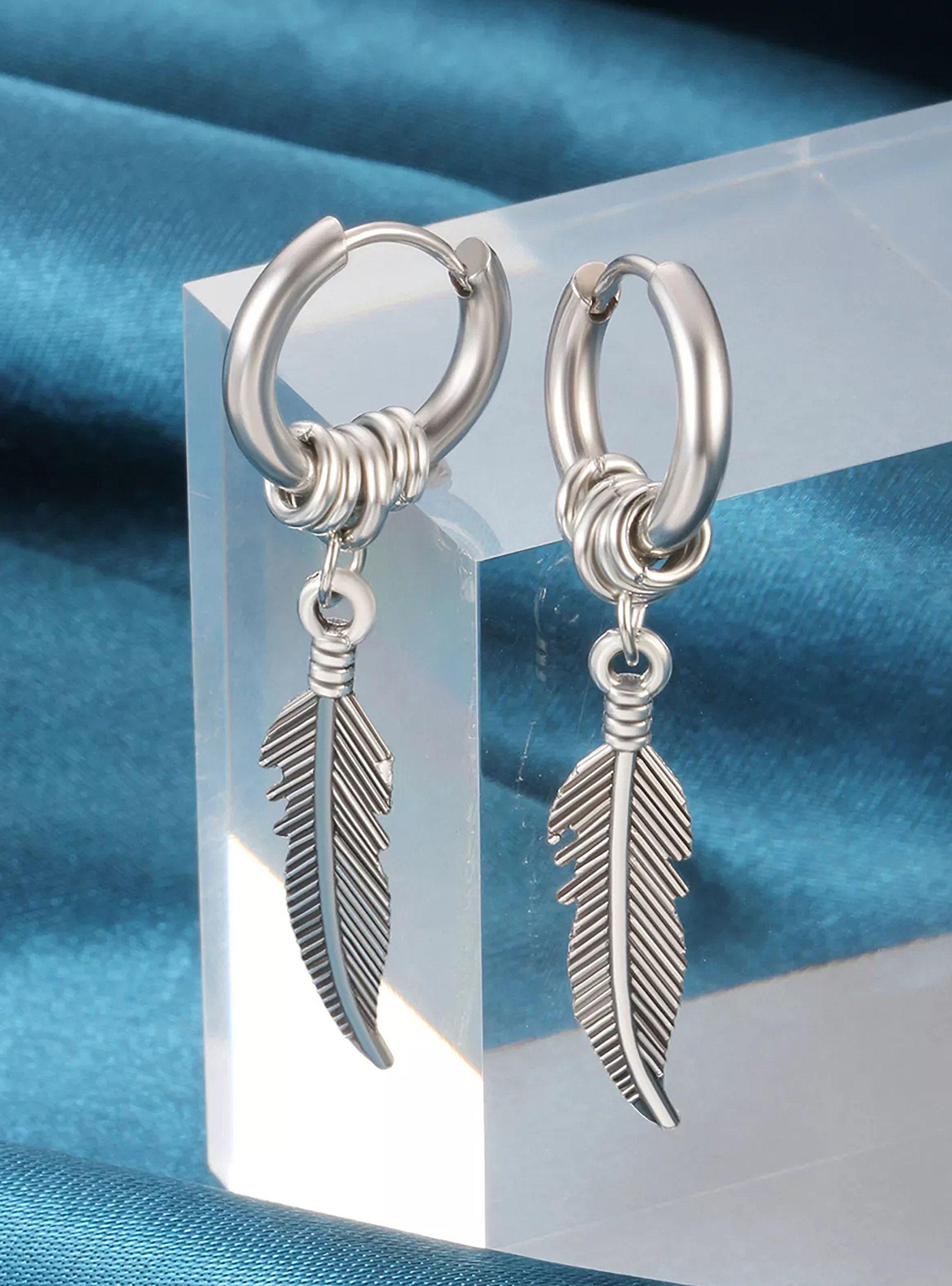 Aros Argolla Plateados con Dije Pluma Colgantes-3